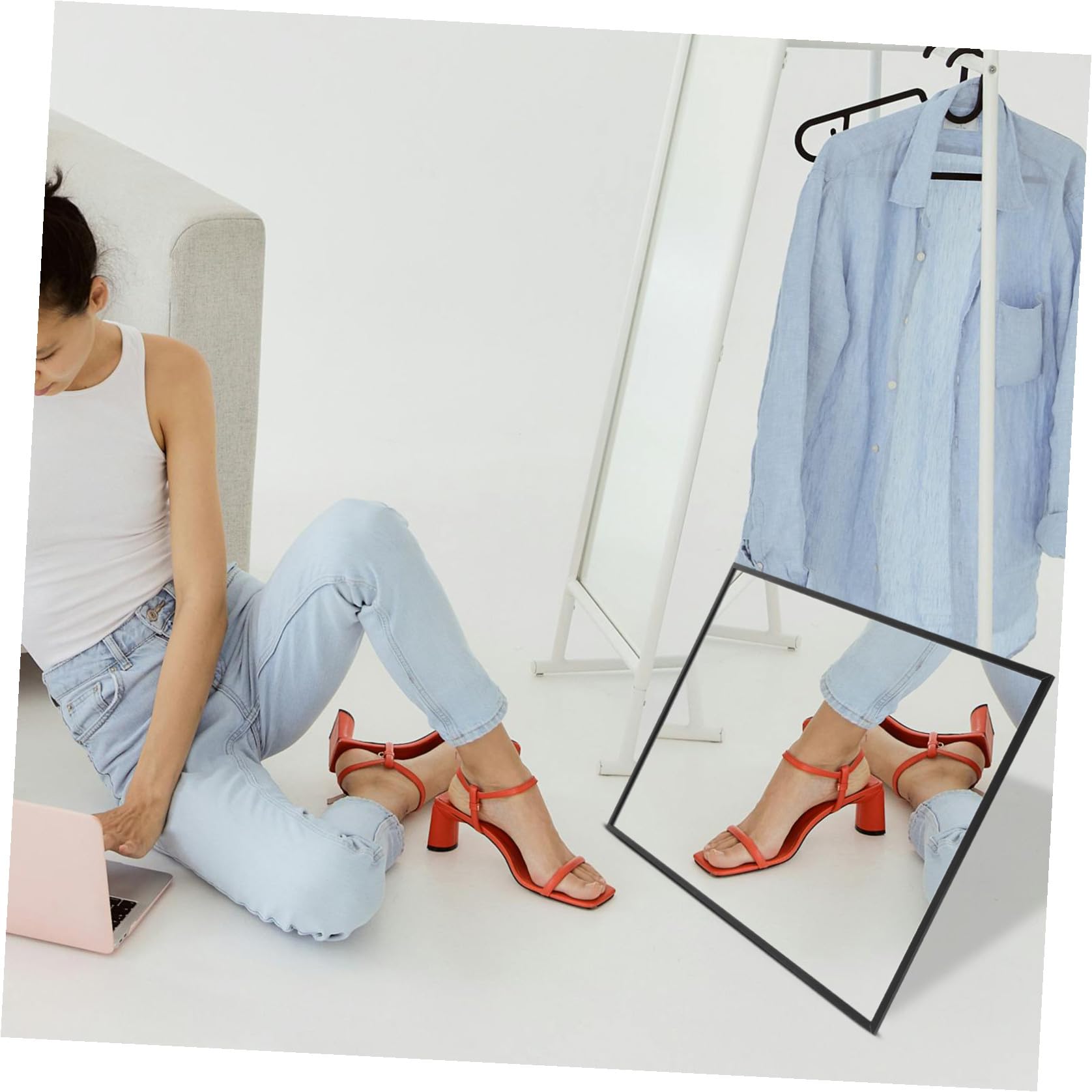 Standspiegel aus für Schuhgeschäfte Schwarzer Eleganter für Freistehender Kleiner Ankleidespiegel Aluminiumlegierung Glas Stabiler Schuhspiegel und Eingang und Anprobe