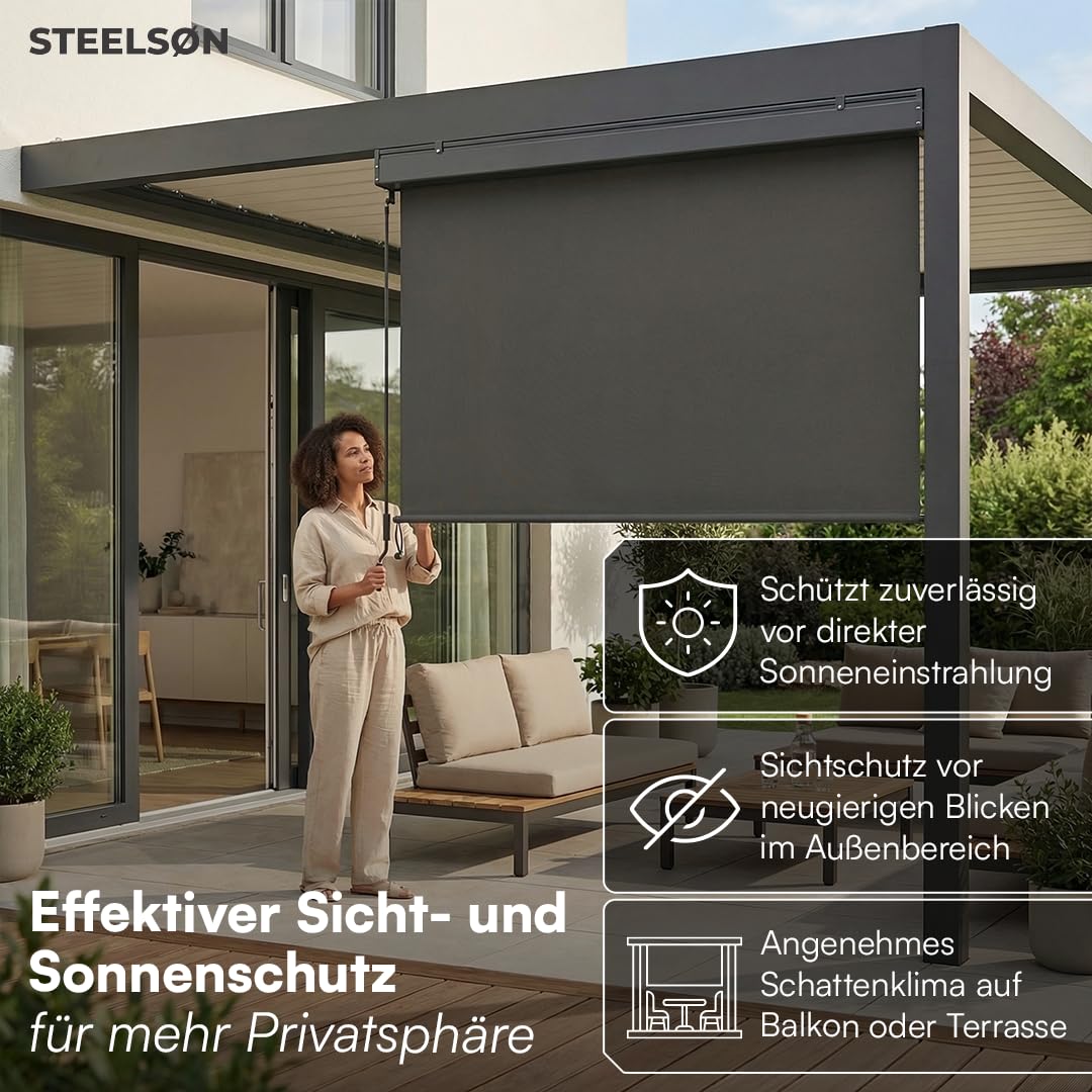 STEELSØN Azurian Senkrechtmarkise außen – Sichtschutz Balkon 200x250 cm – Außenrollo mit Handkurbel Anthrazit – Balkonmarkise als Windschutz, Sonnenschutz – Vertikalmarkise wetterfest inkl. Montageset