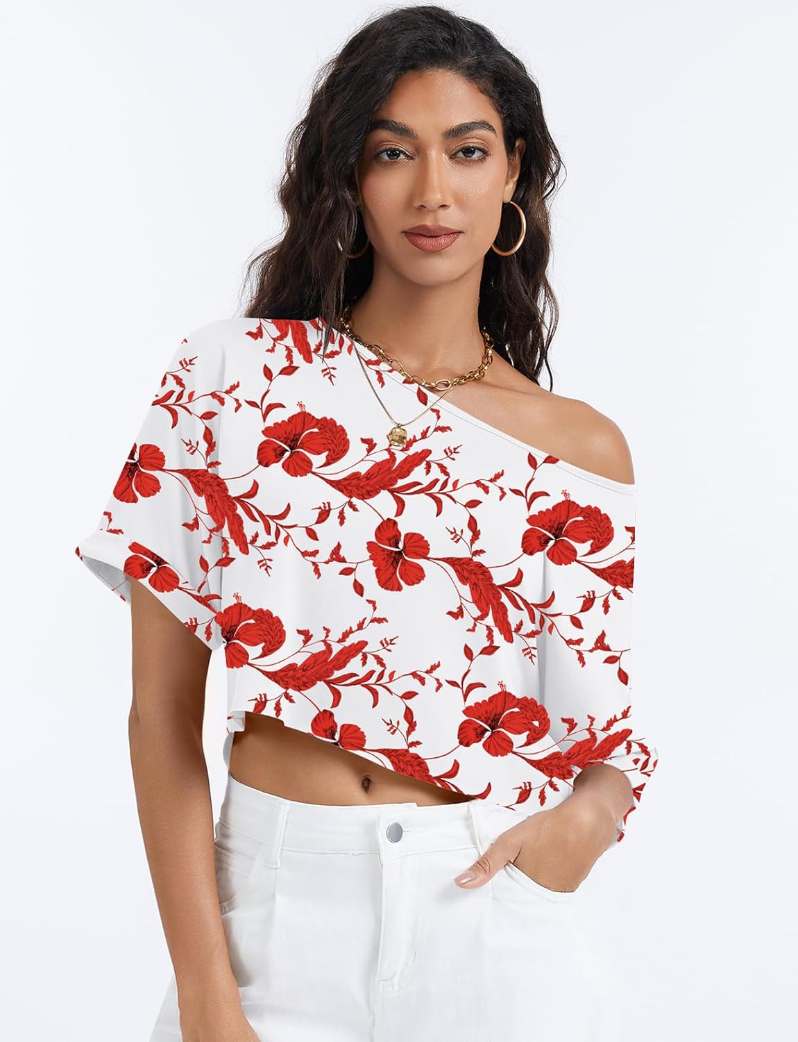 Kistore Off The Shoulder Tops for Women Going Out Short Sleeve Crop Top Boat Neck Loose T Shirt - Image 7