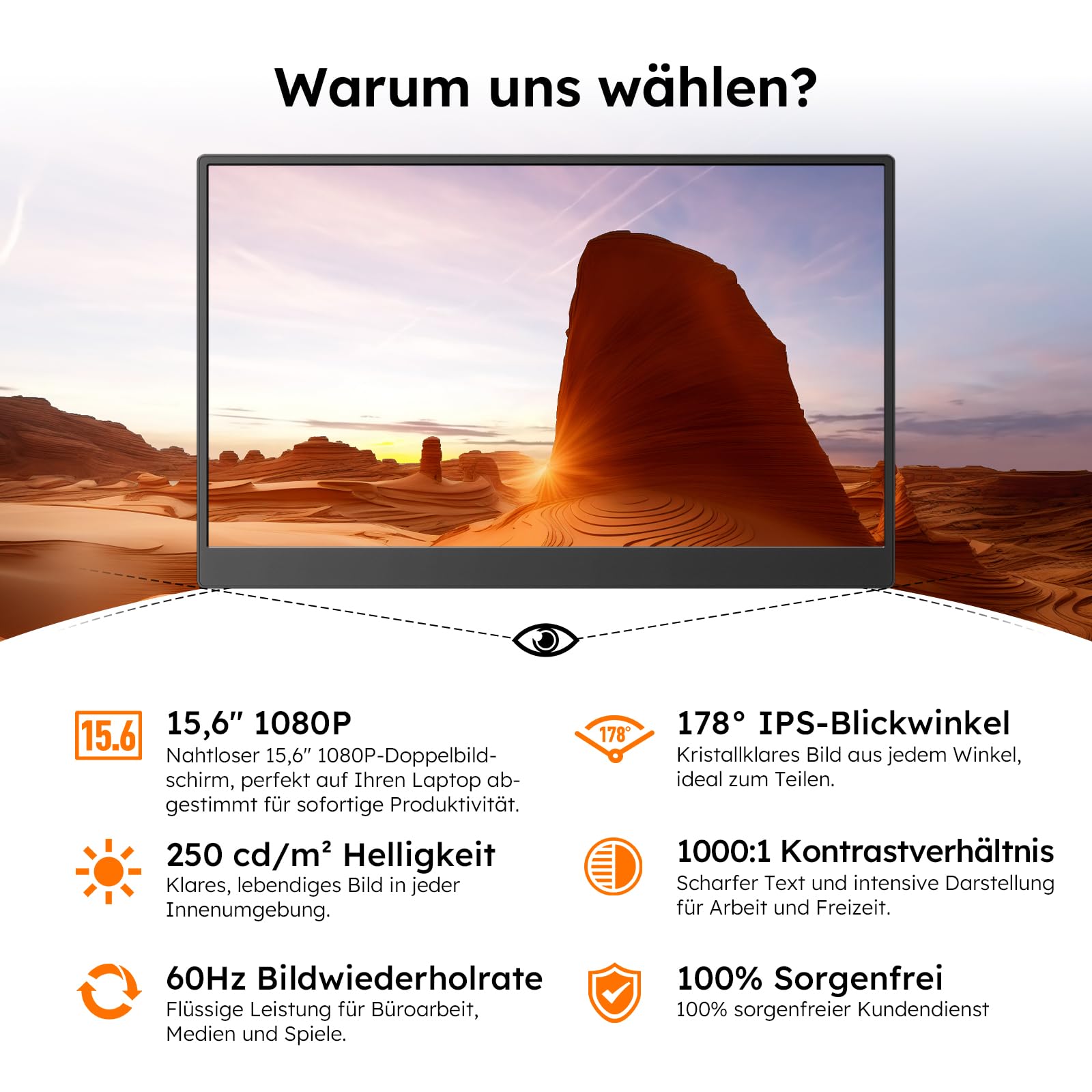 Tragbarer Monitor 15,6'' FHD 1080P IPS – Ultradünnes Portable Monitor mit Ständer, VESA-Befestigung und Lautsprechern, Mini HDMI/USB-C, kompatibel mit Laptop/PC/Mac/Xbox/PS/Switch