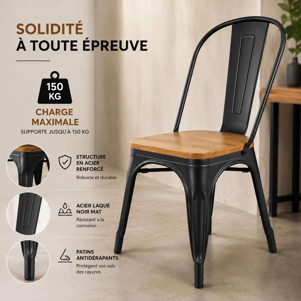 Kosmi - Lot de 4 chaises Style Industriel en métal Noir Mat et Assise en Bois Clair