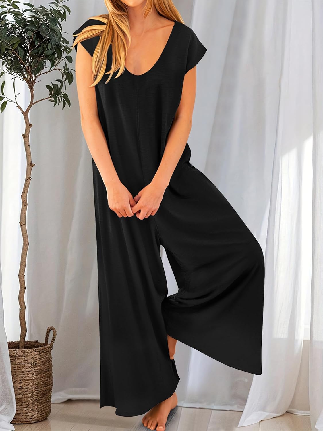 ANRABESS Jumpsuits for Women 2026 Summer Casual Loose Cap Sleeve Crewneck Wide Leg Rompers Jumper One Piece Beach Outfits - Image 2