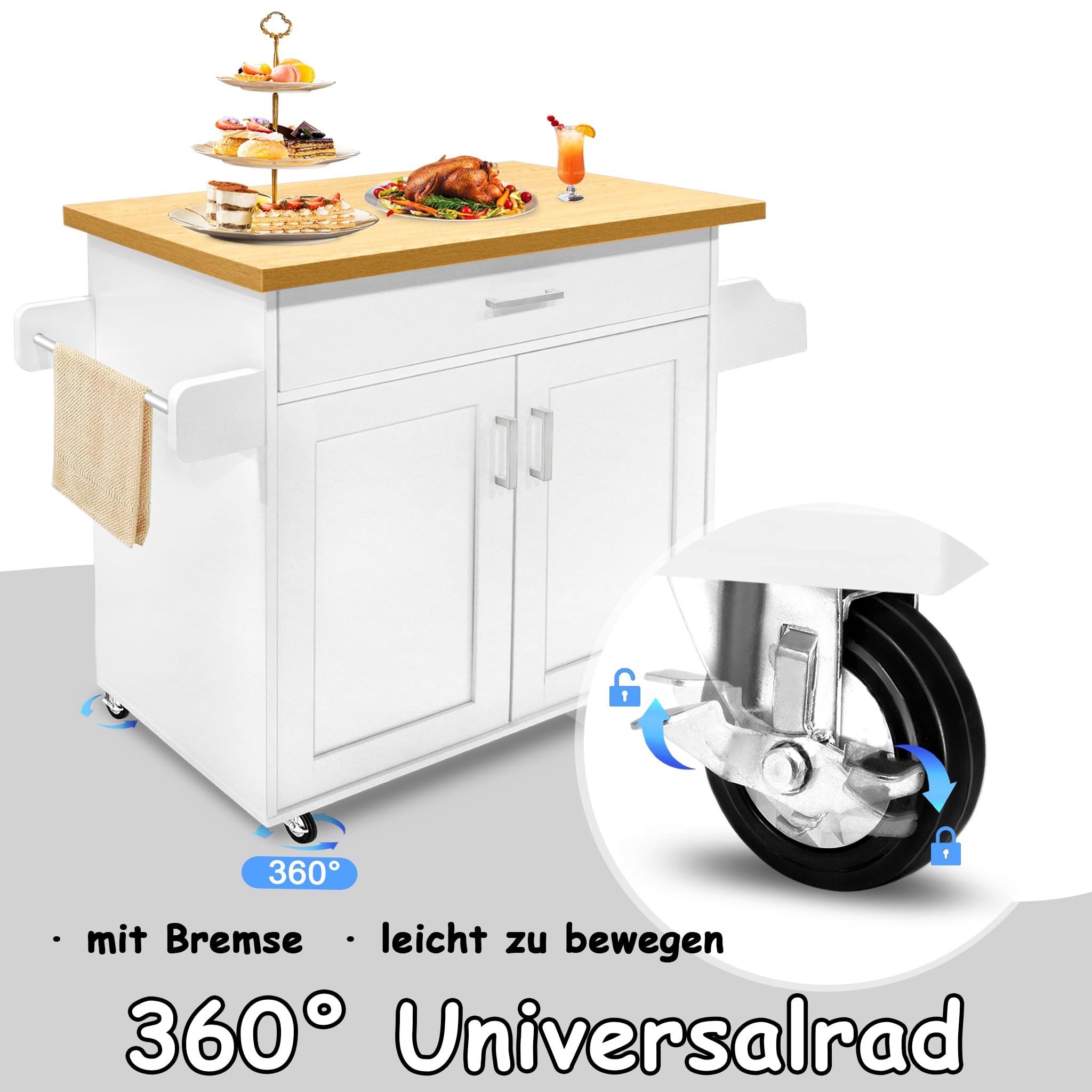 NAIZY Küchenschrank Küchenwagen mit Arbeitsplatte & Rollen & Schubladen Küchenwagen Abschließbar Servierwagen, 115x36x90cm (Weiß)