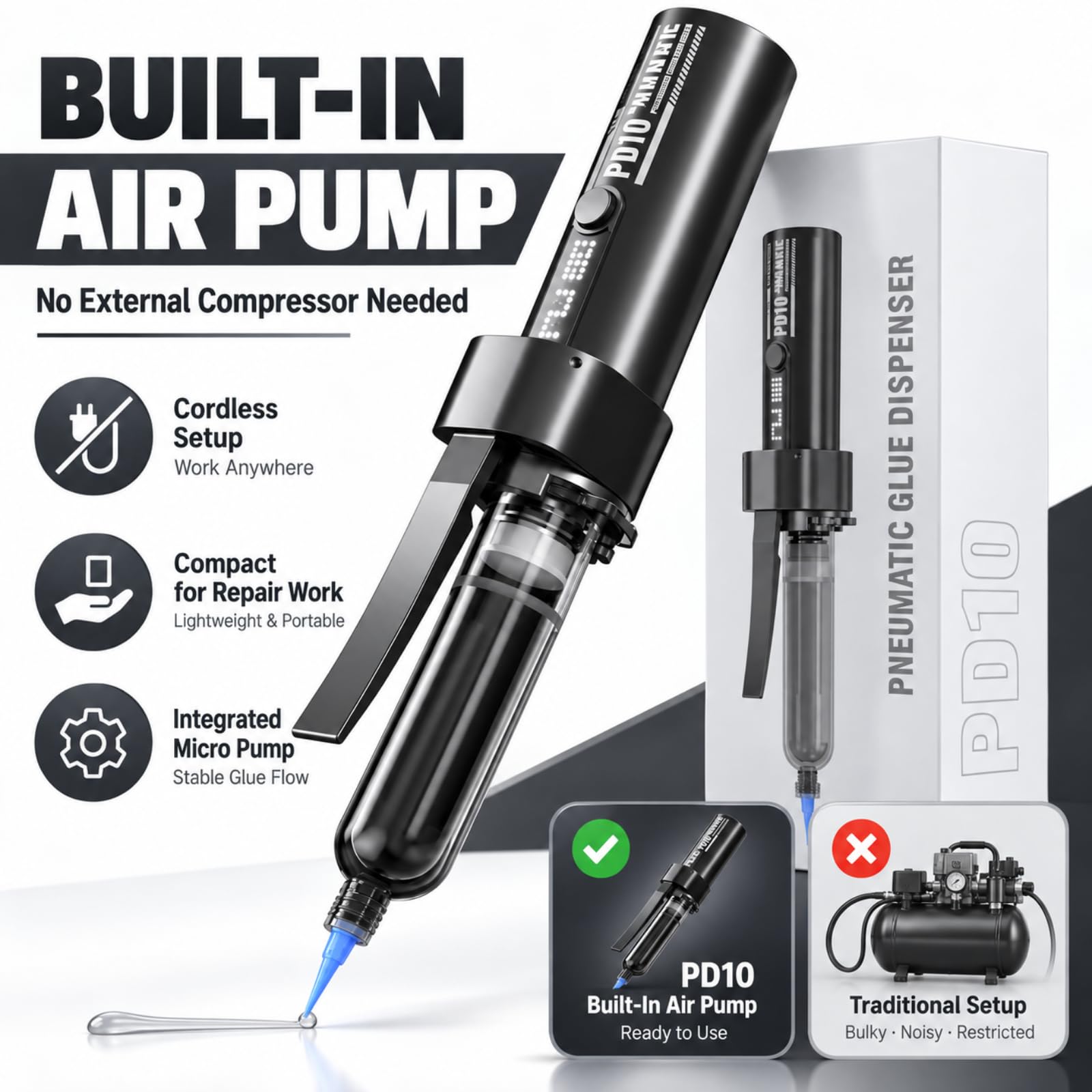 Distributore Di Colla Pneumatico Portatile Per Adesivi Da 10cc/30cc, Distributore Automatico Di Colla, Pompa Ad Aria Integrata, Sistema Antigoccia Con Aspirazione Automatica, Controllo A 3