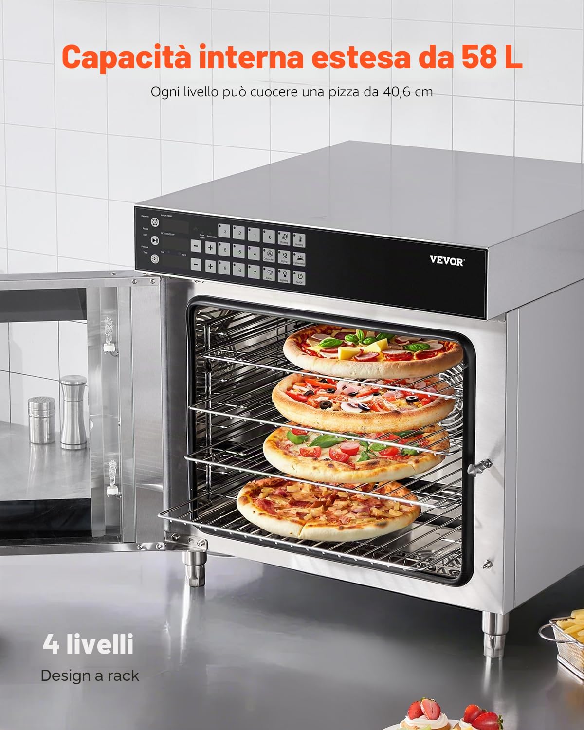 VEVOR Forno a Convezione Commerciale 58 L, Forno Tostapane a 4 Ripiani 2800 W con Porta in Vetro Temperato, Griglie Metalliche Vassoio per Clip Guanti Forno Elettrico in Acciaio Inox per Ristorante