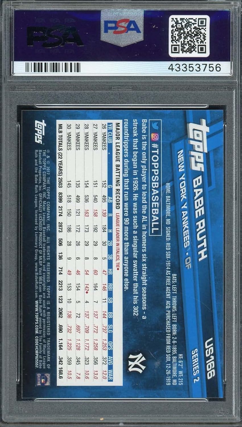 Babe Ruth 2017 Topps Update Baseball Card #US166 Graded PSA 10