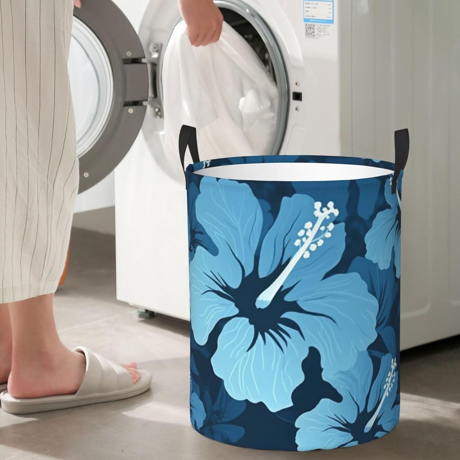 Blue hibiscus print Circular Hamper Waterproof Storage Bin Organizer Basket Laundry Hamper With Handles For Clothes Toys Medium