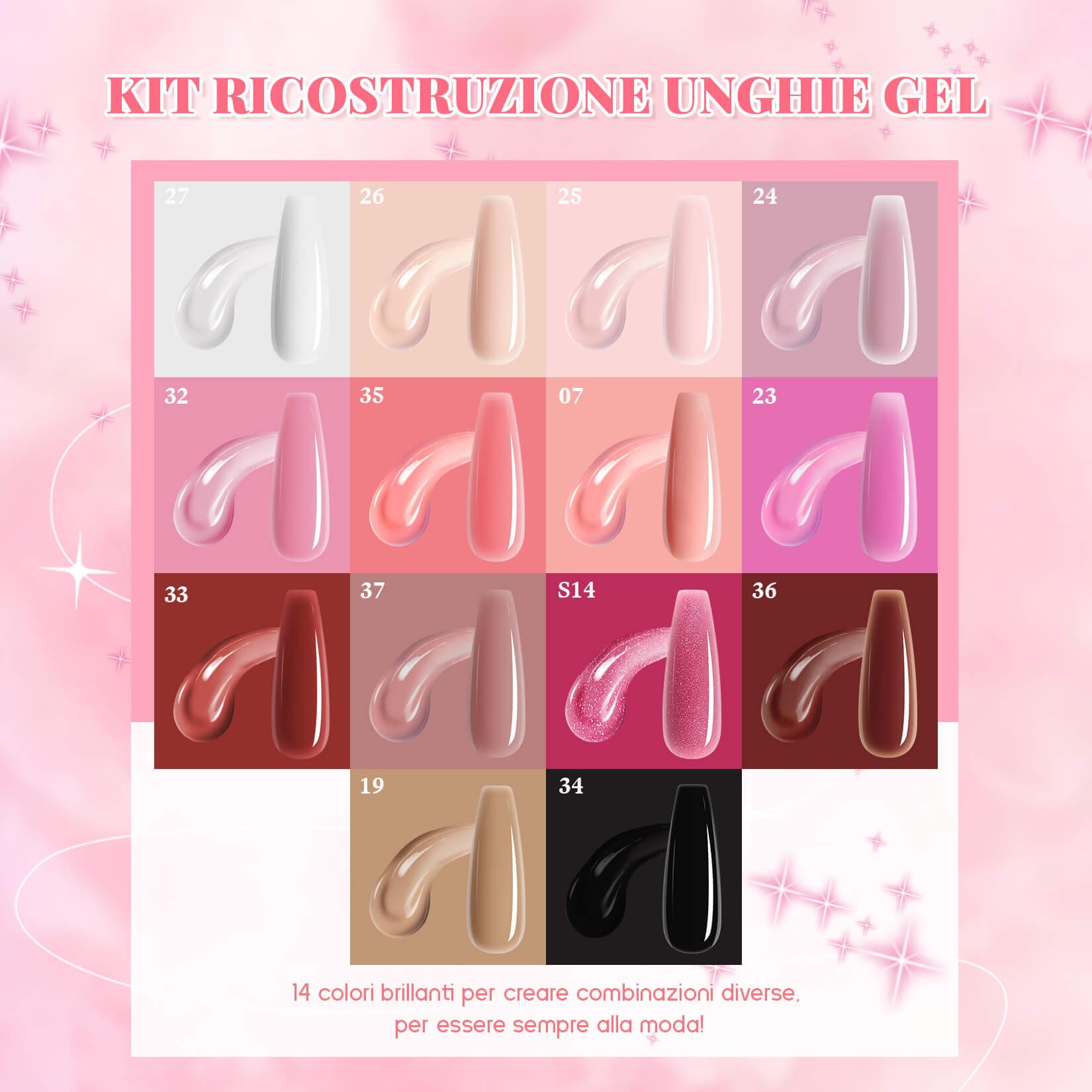 Phoenixy Kit Unghie Gel Completo 14 Colori 15 ML Gel Ricostruzione Bianco Nero Nudo Pink Kit Ricostruzione Unghie U V/LED Regalo per Donna