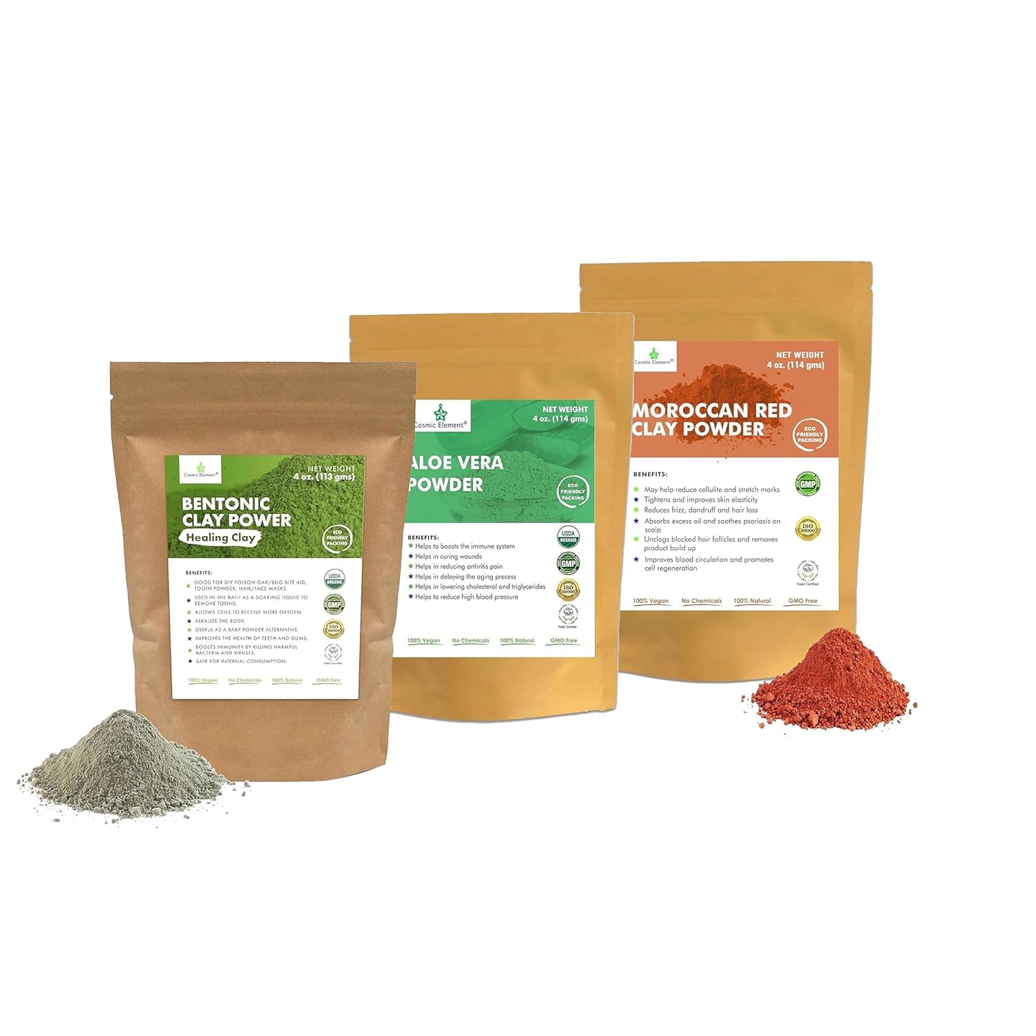 Cosmic Element Bentonite Clay Powder-4 oz & Moroccan Red Clay Powder-4 oz and Aloe Vera Powder-4oz for Face & Body and Hair Care