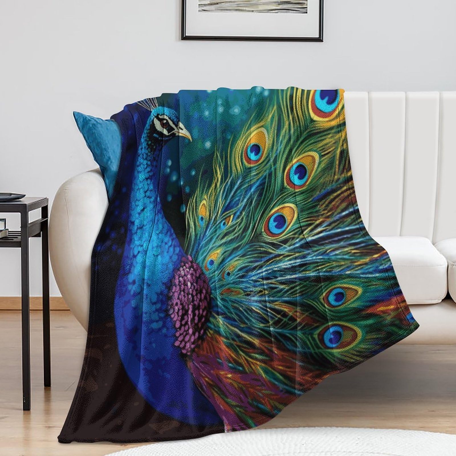 Couverture de lit en peluche paon coloré douce et chaude 100x130 cm