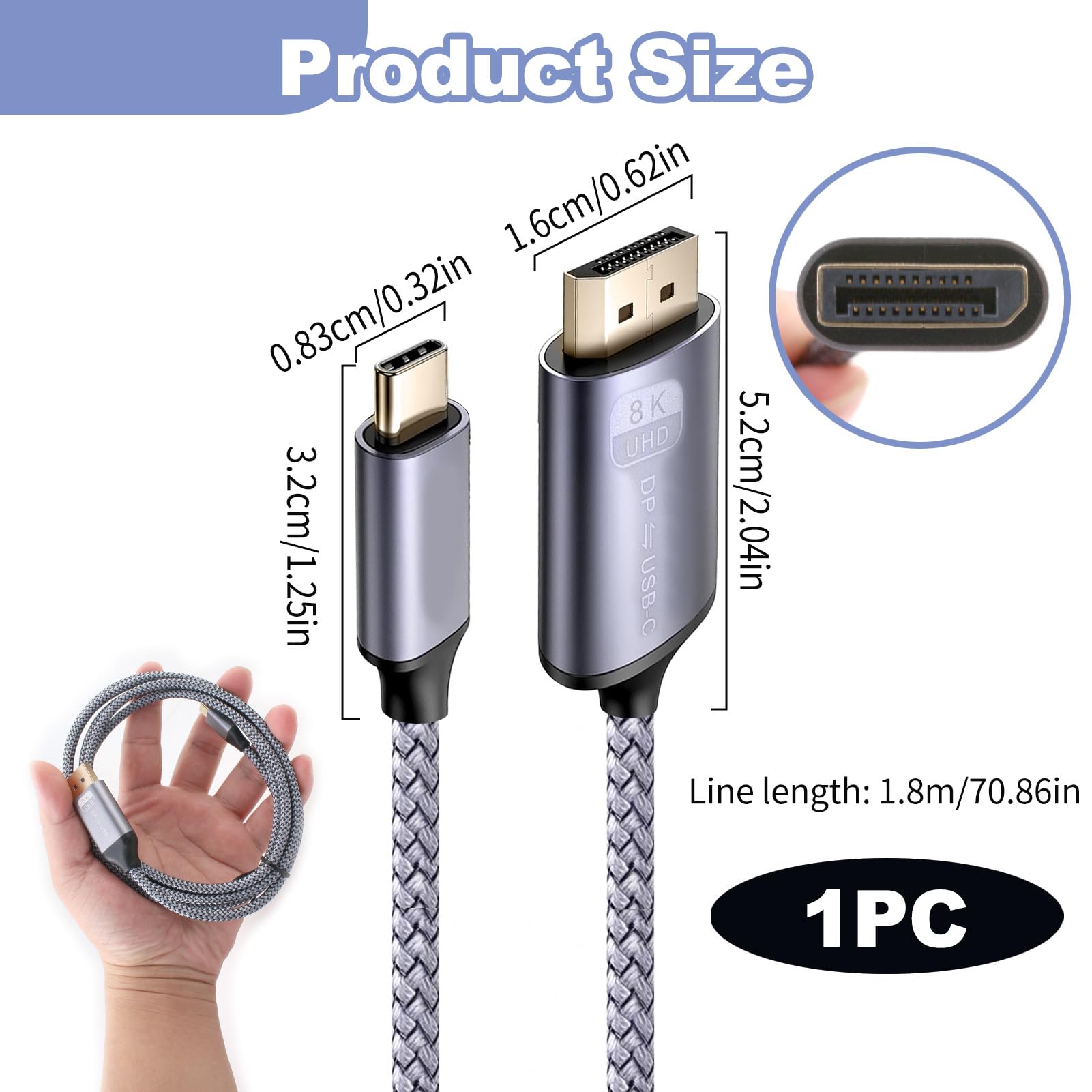 Maxonar Cavo UCB C DisplayPort 1.4 1M/3,3Ft 8K@60Hz 4K@144Hz/120Hz 2K@240Hz 5K@60Hz Thunderbolt 3/4 su DP Cavo HBR3 32,4Gbps tipo C DP 1.4 per Macbook Pro/Air M2 iPad Pro Dell XPS