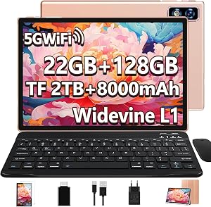Último Tablet Android Gemini AI, Tablet 10 Pulgadas, 22GB+128GB/TF 1TB, Octa-Core 2.0GHz, 5G WiFi, Bluetooth5.0, 8000mAh Batería, 8MP+5MP, Widevine L1, GPS, Tablet con Funda, Teclado y Ratón – Dorado