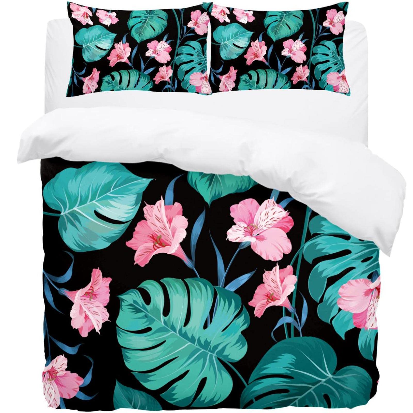 Parure de lit d'été avec housse de couette légère et taies d'oreiller à imprimé floral tropical