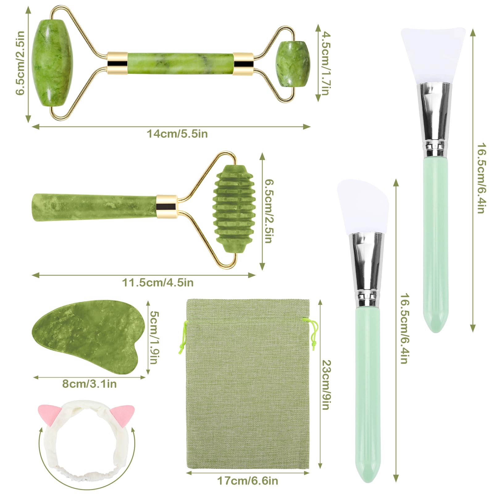Coicok 7 pezzi Jade Gua Sha Stone Set, Gua Sha e rullo per il viso Beauty Massager Skincare, Jade Roller, massaggiatore naturale verde, rullo massaggiatore anti-invecchiamento, regalo di bellezza