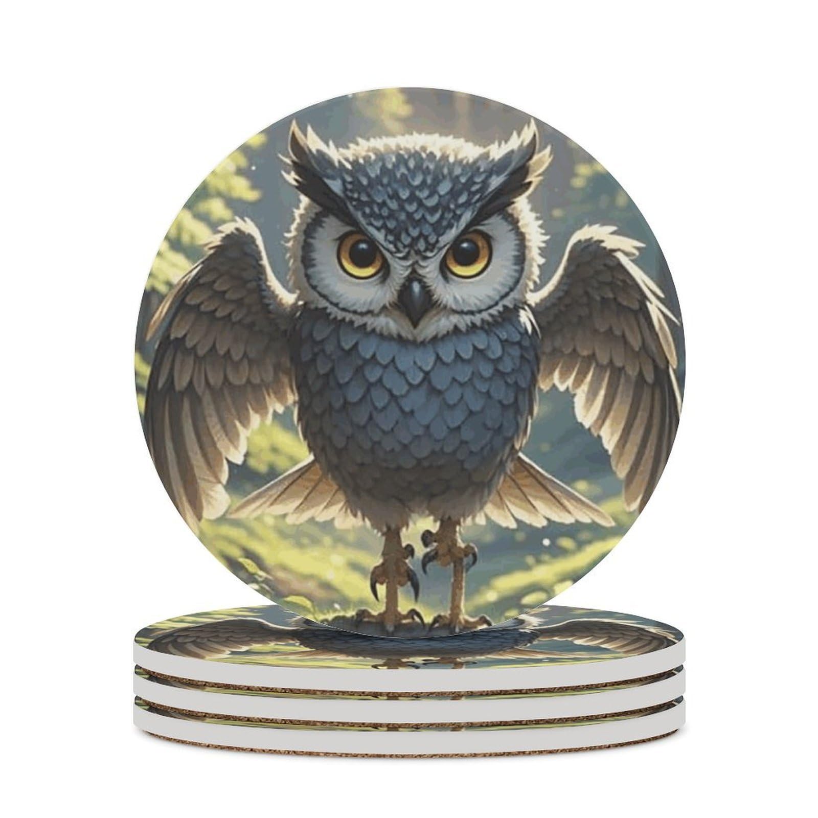 Anime Owl Coaster with Cork Base Drink Coasters for Coffee Table Decor Modern Cup Coasters with Non-Slip & Heat-Resistant Cute Ceramic Table Coaster for Home Dining