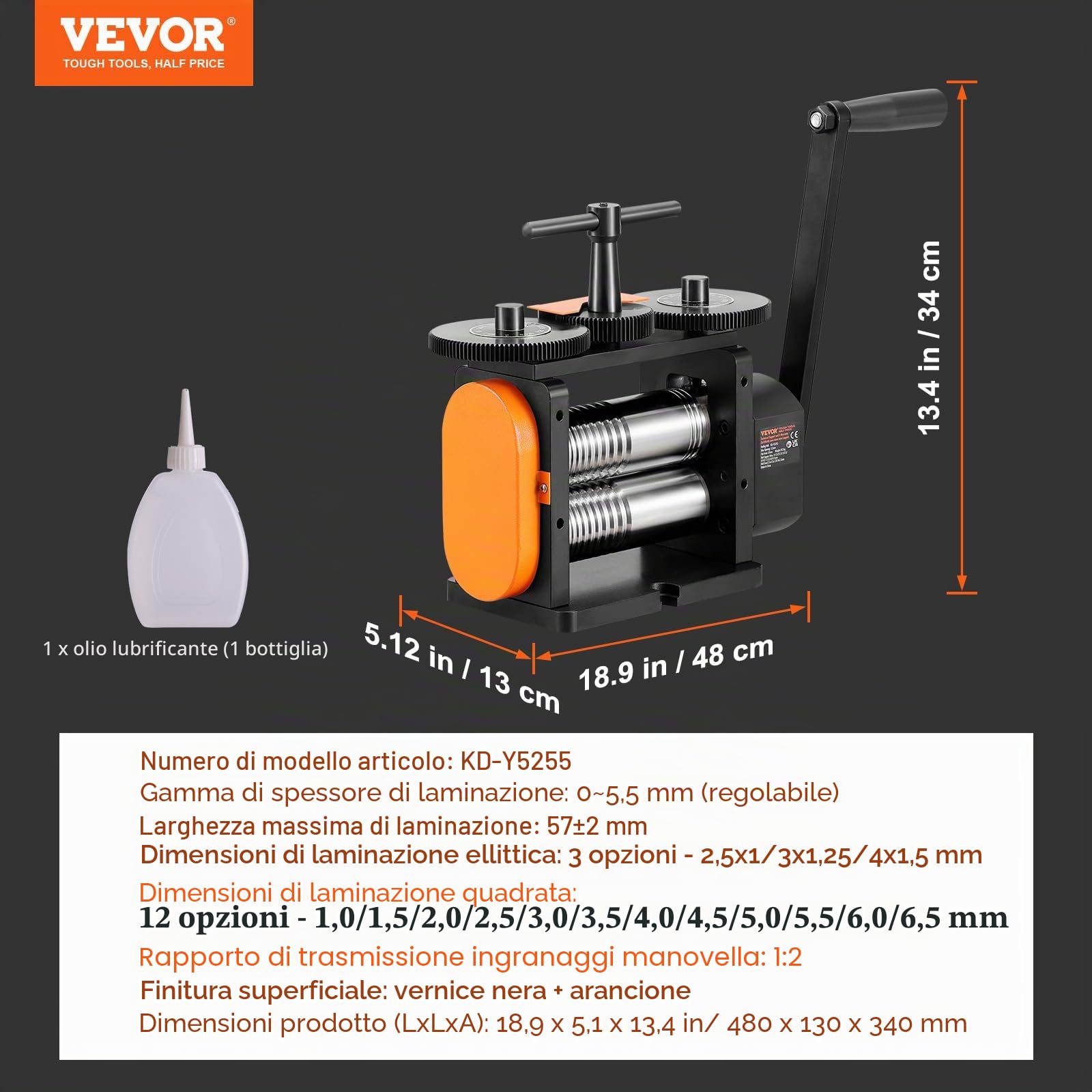 VEVOR Laminatoio per Gioielliere Larghezza 57mm, Laminatoio per Gioielli Spessore 0-5,5mm Rapporto di Trasmissione Regolabile 1:2 per la Lavorazione di Gioielli Lamiera Oro Argento Anello Bracciale