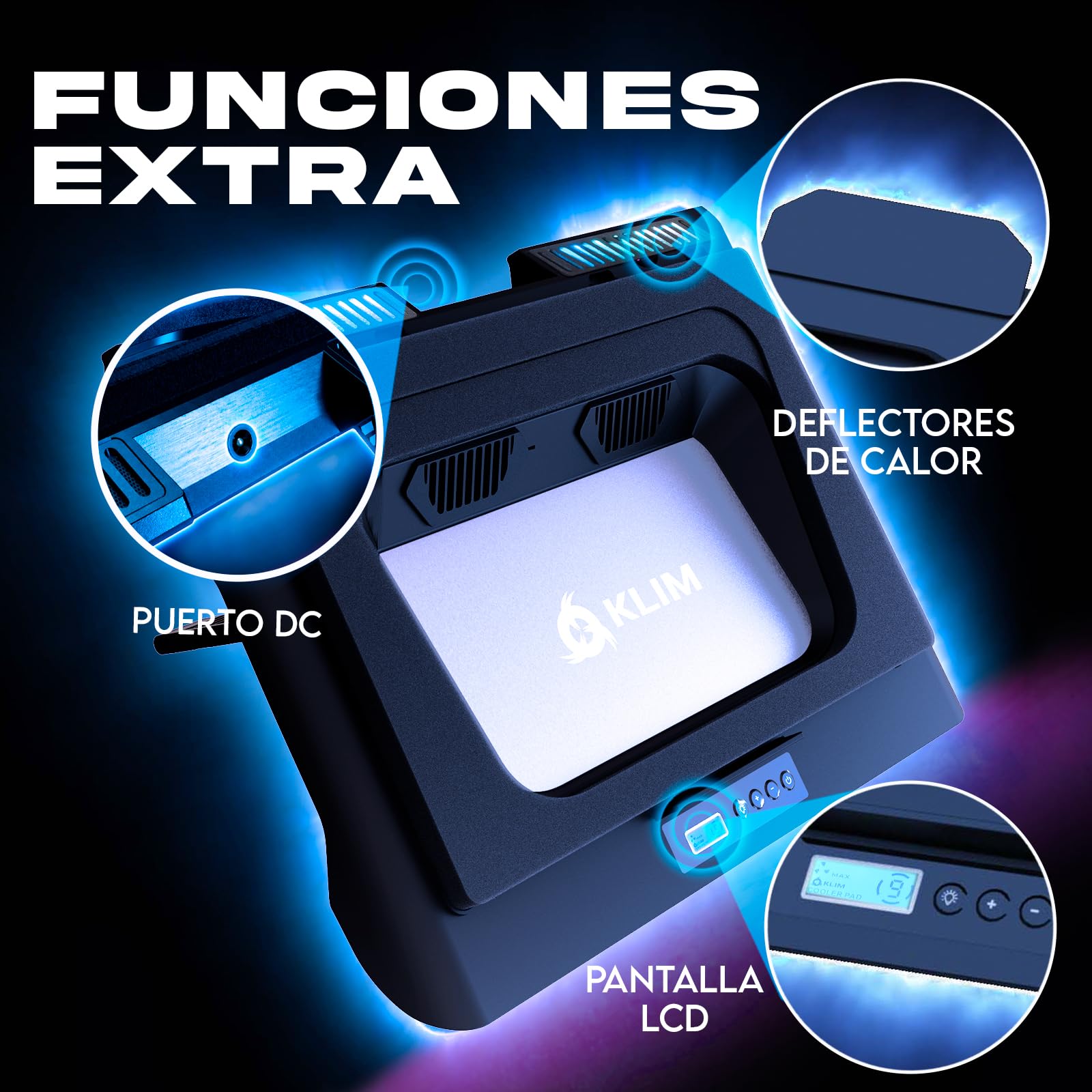 KLIM Everest Plus Base Refrigeradora Laptop Gaming - Ventilador 6300 RPM | Base refrigeradora DC con dos ventiladores turbo, luces RGB, espuma sellada - enfría rápido. Para laptops 11-17,3 pulg.