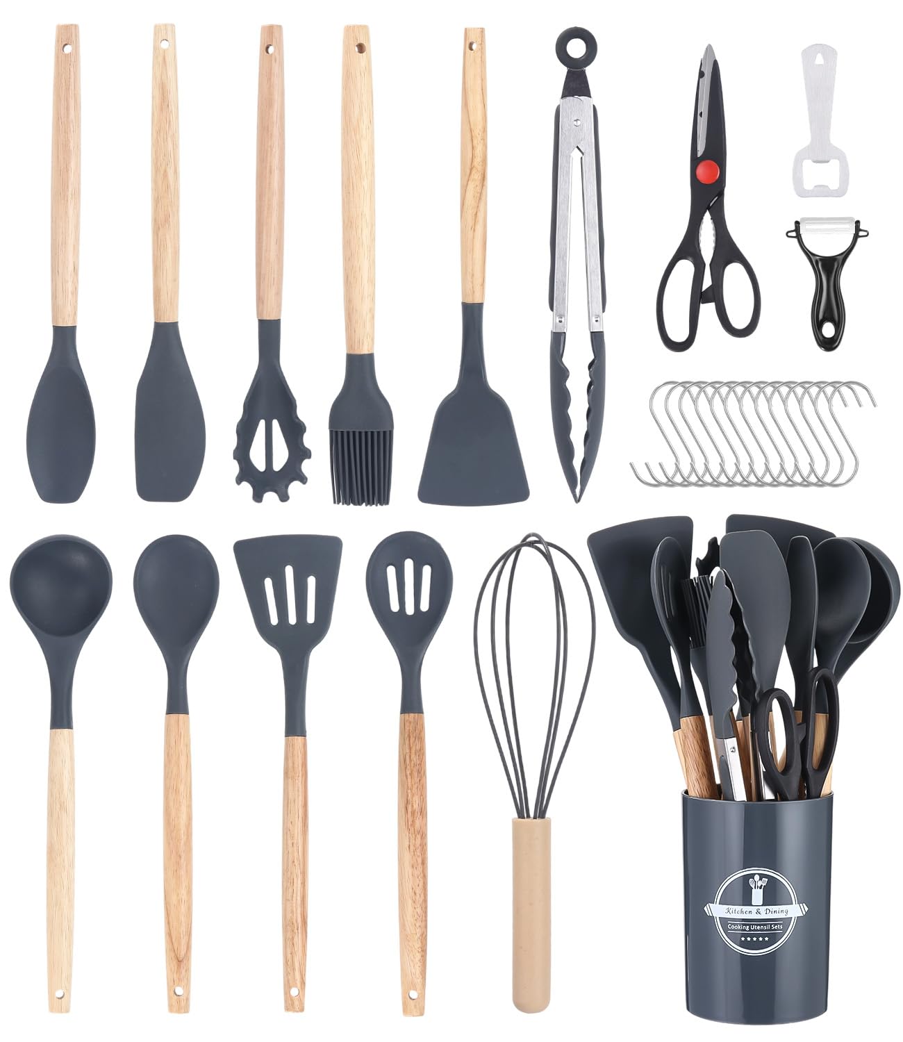 Ustensiles de Cuisine en Silicone,27 PCS Set Gris d'accessoires de Cuisine,Sans BPA, Antiadhésive Anti Rayures Cuisine Accessoires,Set de Cuisson Avec Pot de Rangement