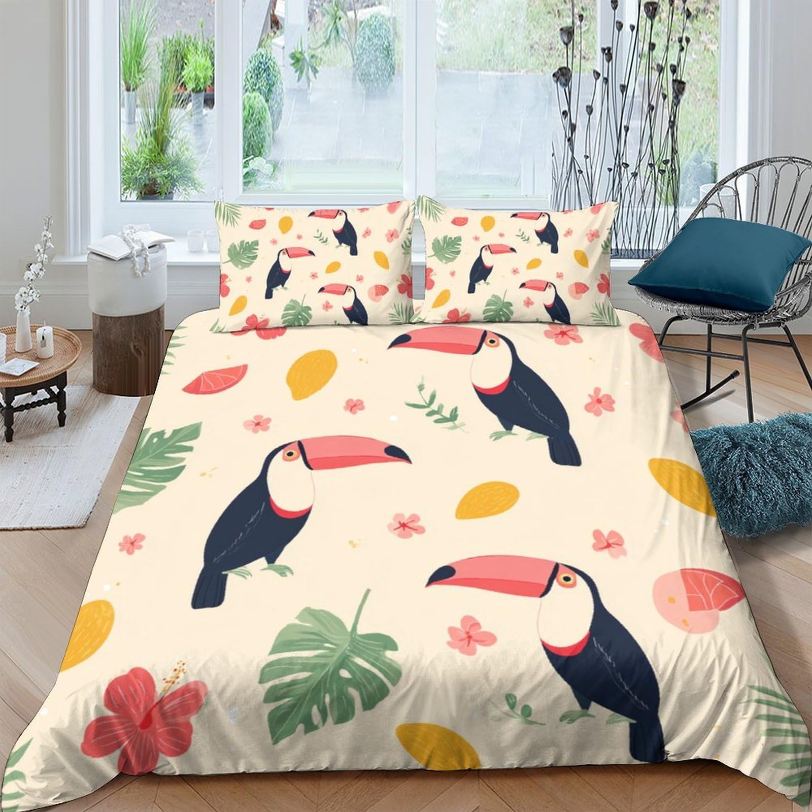 Ctjqhvkz Style-4 3D Printed Toucan Leaves Fitted Sheet Microfiber Soft Anti-Slip Tropical Flowers Mattress Cover For Bedroom Home Decor Single（135X200cm）