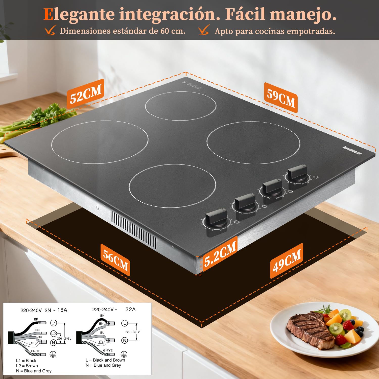 Karinear Placa Vitroceramica 4 Fuegos 60 CM con Mandos Manuales, 6000W | 9 Niveles de Potencia, 4 Placas con Niveles de Potencia, Compatibilidad Universal de Ollas, Apagado Automático, sin Enchufe