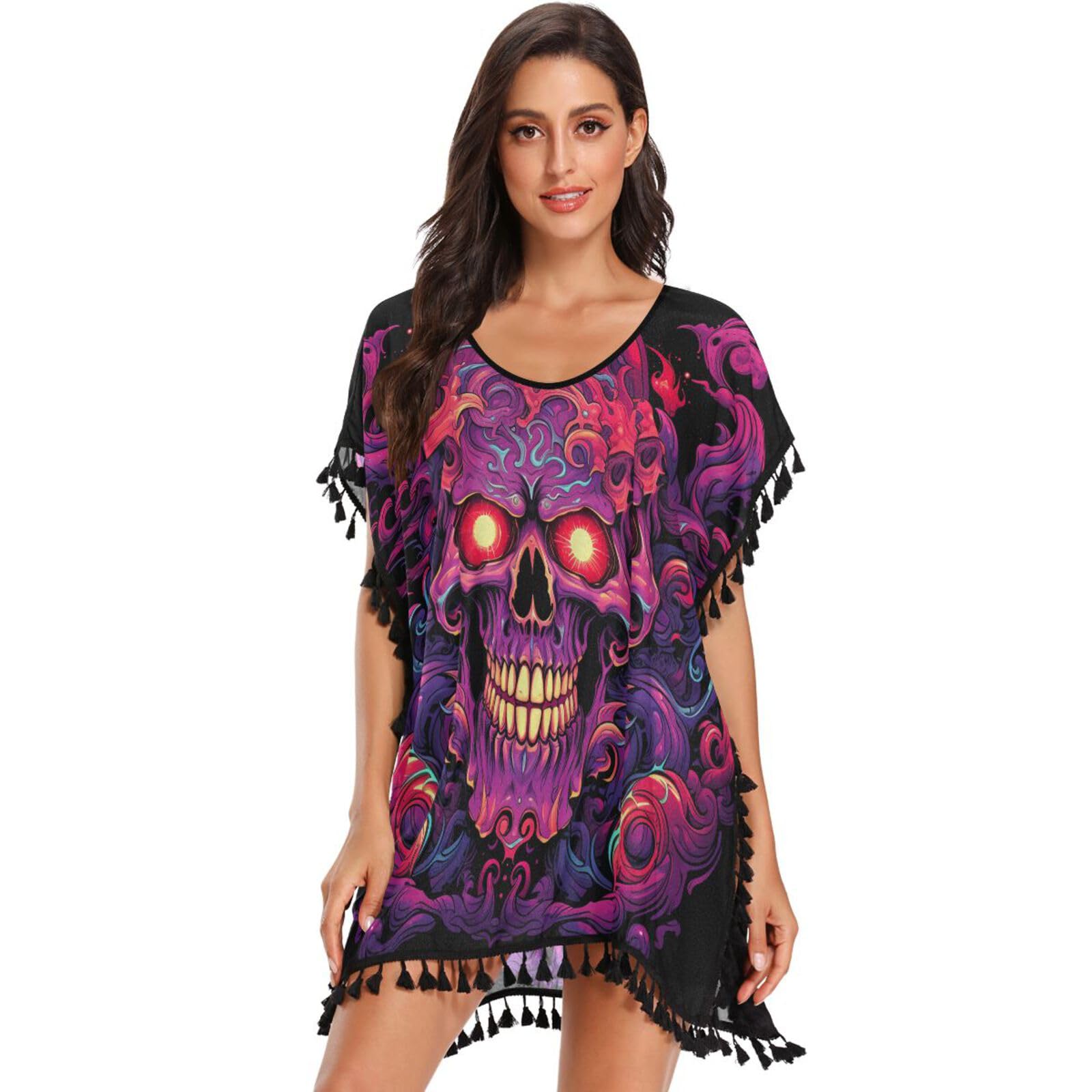 Flame Skull Abstract Art Women's Beach Cover Up Chiffon Tassel Swimwear Swimsuit Coverups for Girl
