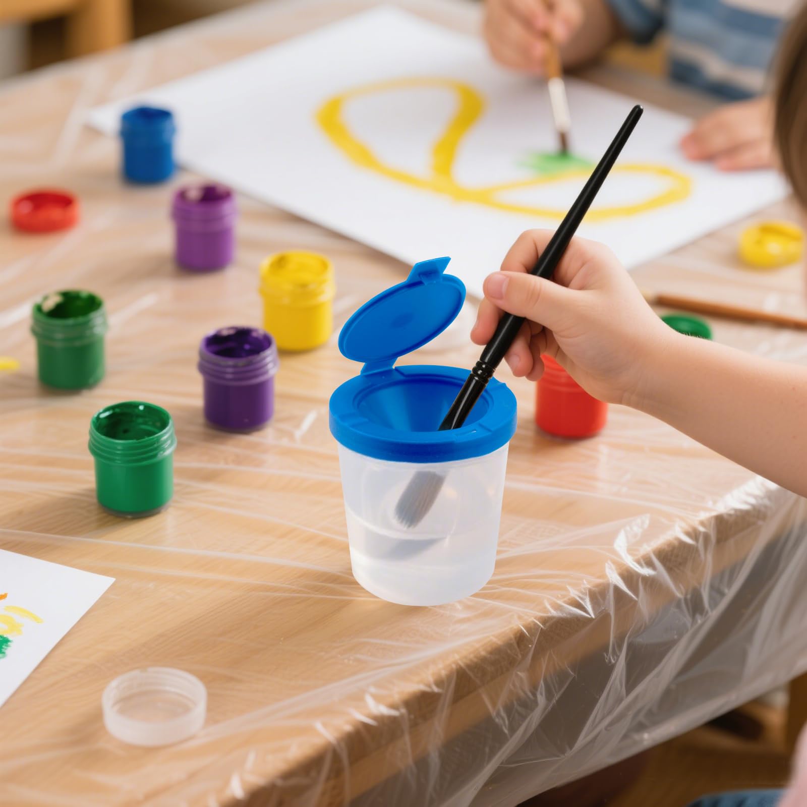32 bicchieri colorati con coperchio, in plastica, 7 cm, con protezione anti-fuoriuscite, per pittura artistica