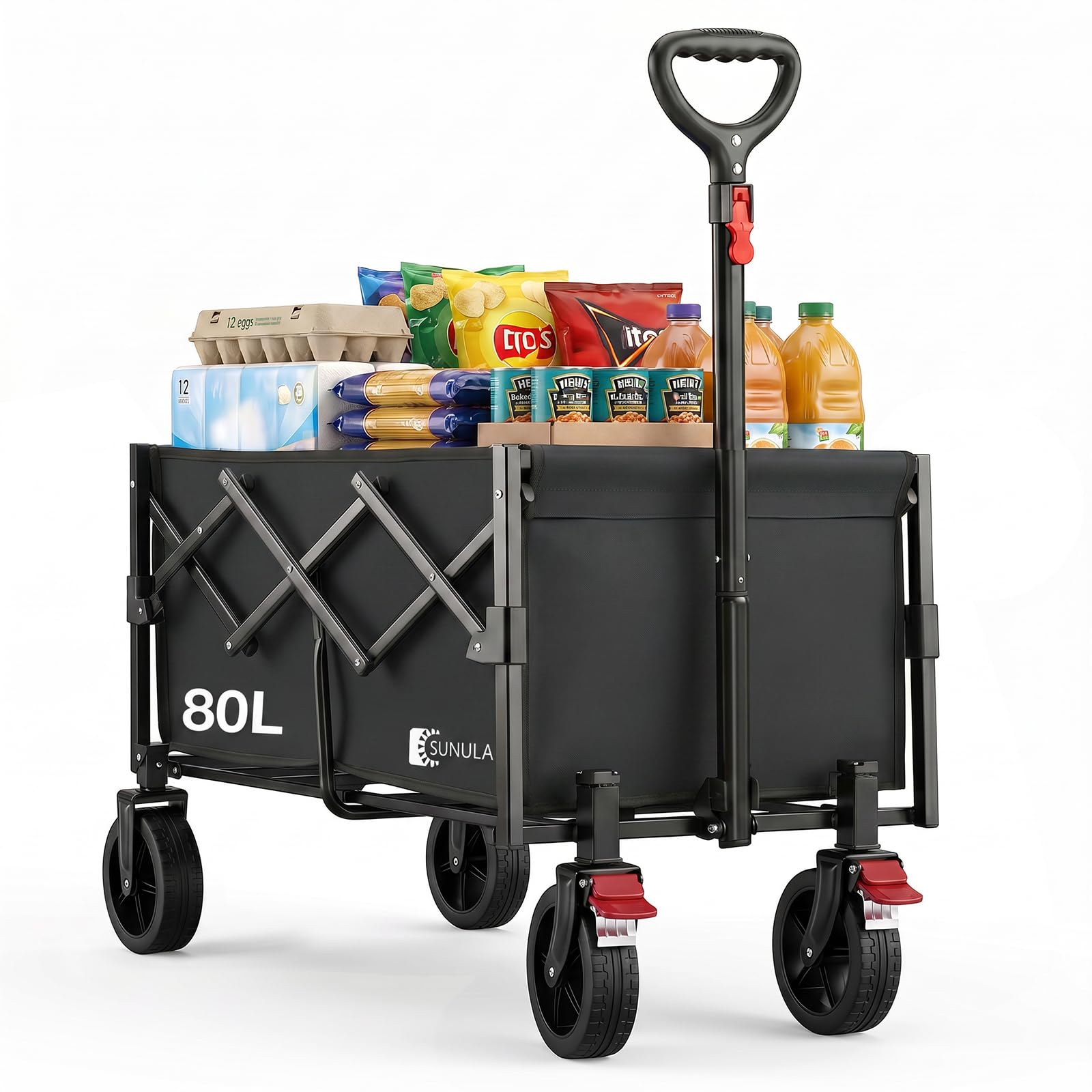 SUNULA Bollerwagen Faltbar Tragkraft 120KG, Klappbarer Handwagen mit EIN-klick-Handgriff & 4-seitig zusammenfaltbar, Geländegängig Räder mit Bremsen 150L
