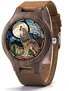Wolf Wood Leather Watch, Wolf Art Wood Watch, Vintage Wolf And Moon Watch, Man Size Watch, Wolf Jewelry P552