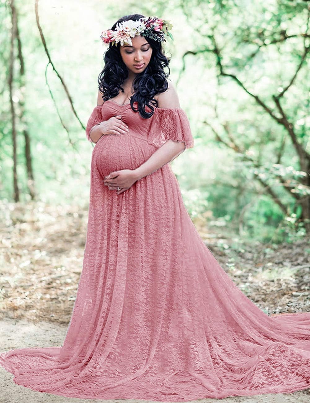 Maternity Off Shoulder Ruffle Sleeve Lace Women's Gown Maxi Photography Dress