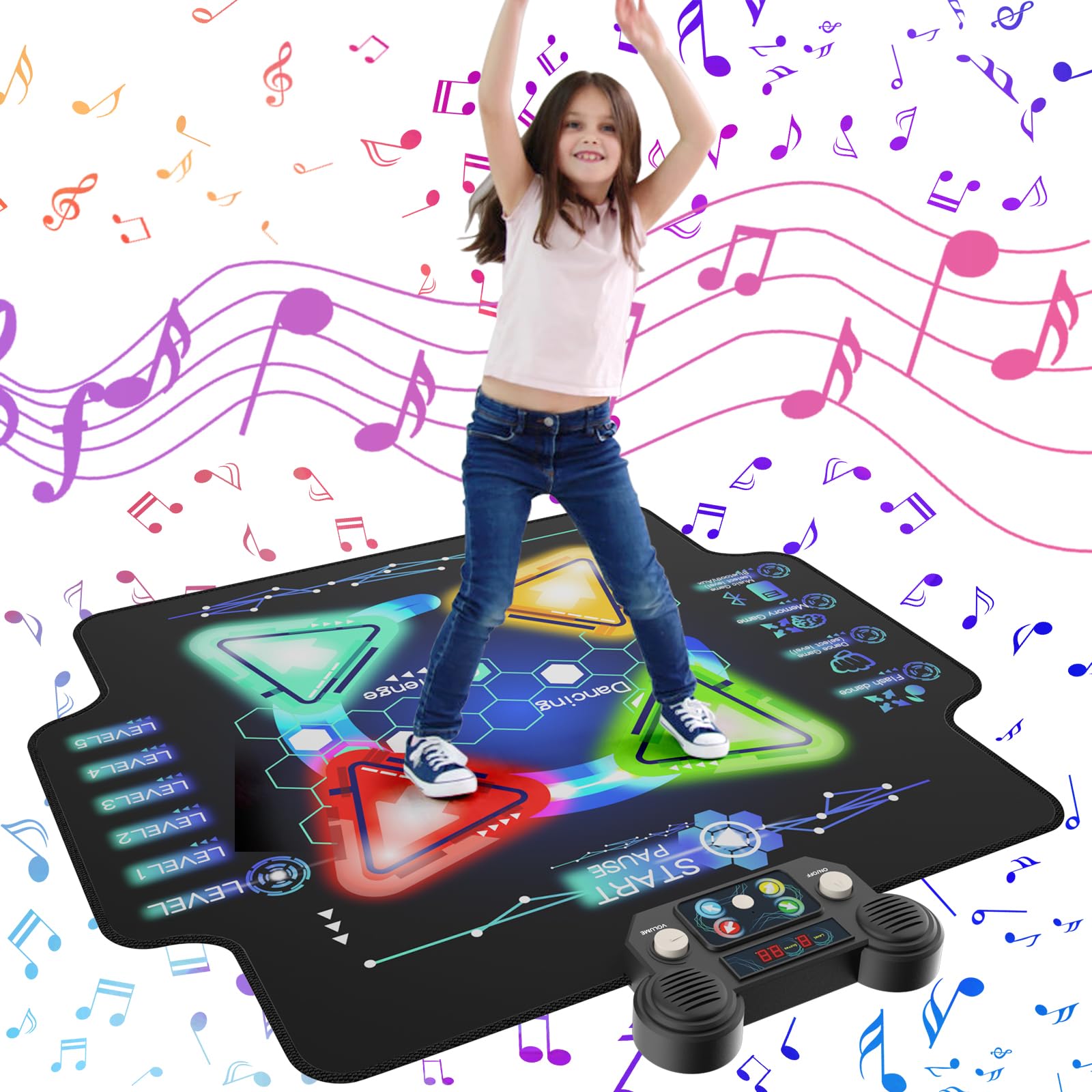 zefinot Dance Mat for Kids Ages 3-12 Year - Dance Mats with Light Up 4-Buttons & Wireless Bluetooth,Music Dance Mat with 4 Game Modes and 5 Levels, Dance Game Toy Gift for Kids Girls Boys