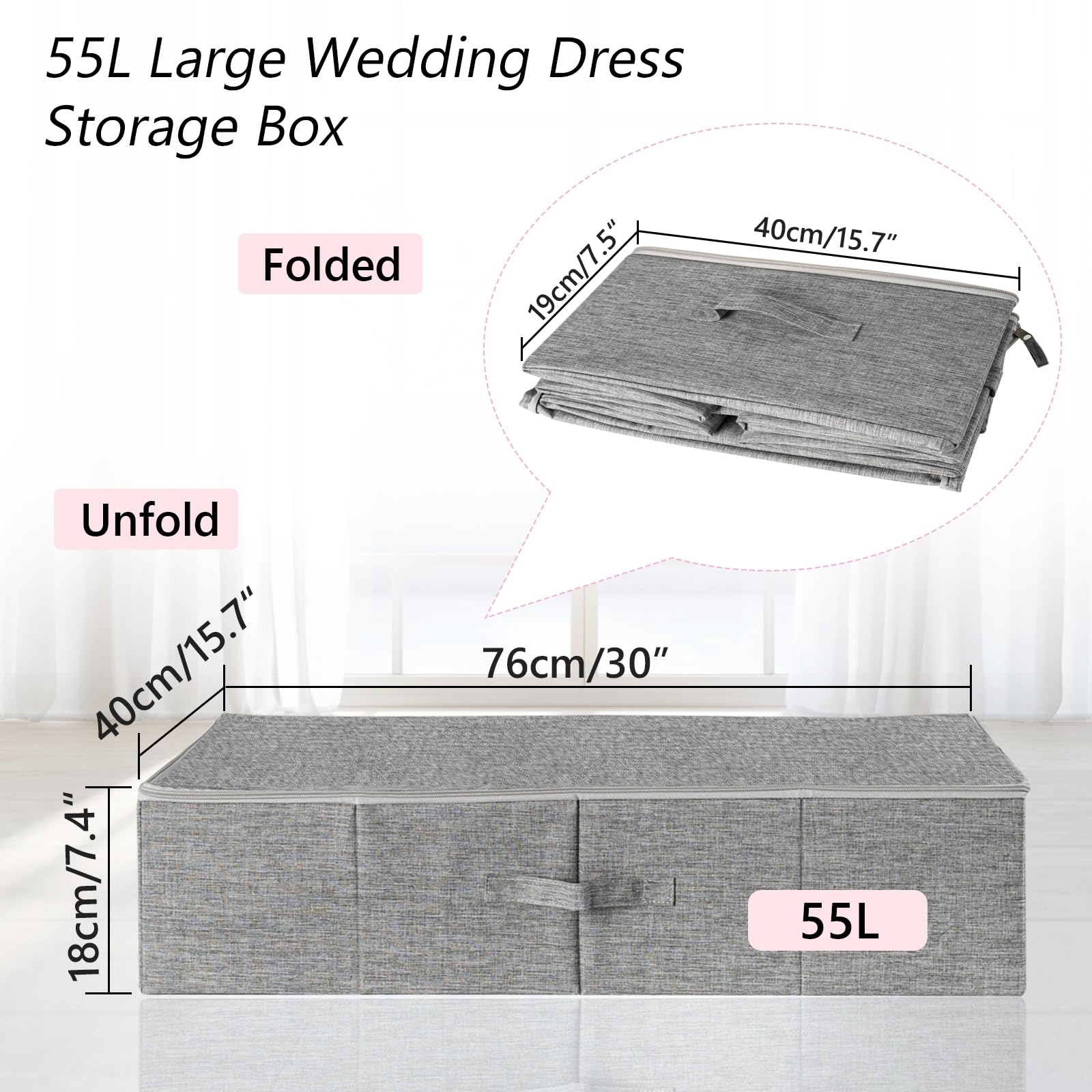 Großes Hochzeitskleid-Konservierungsbox-Set, Hochzeitskleid-Aufbewahrungsbox mit 30 Blatt säurefreiem Seidenpapier, Mikrofaser-Handschuhen, staubdichter Tasche und Trockenmitteln, Grau, 76,2