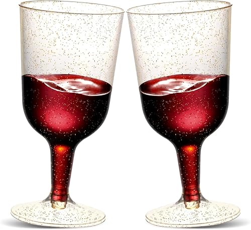 Paquete de 30 copas de vino de plástico de 6 onzas – Mini copas desechables con purpurina dorada con base extraíble para bodas, fiestas, champán,