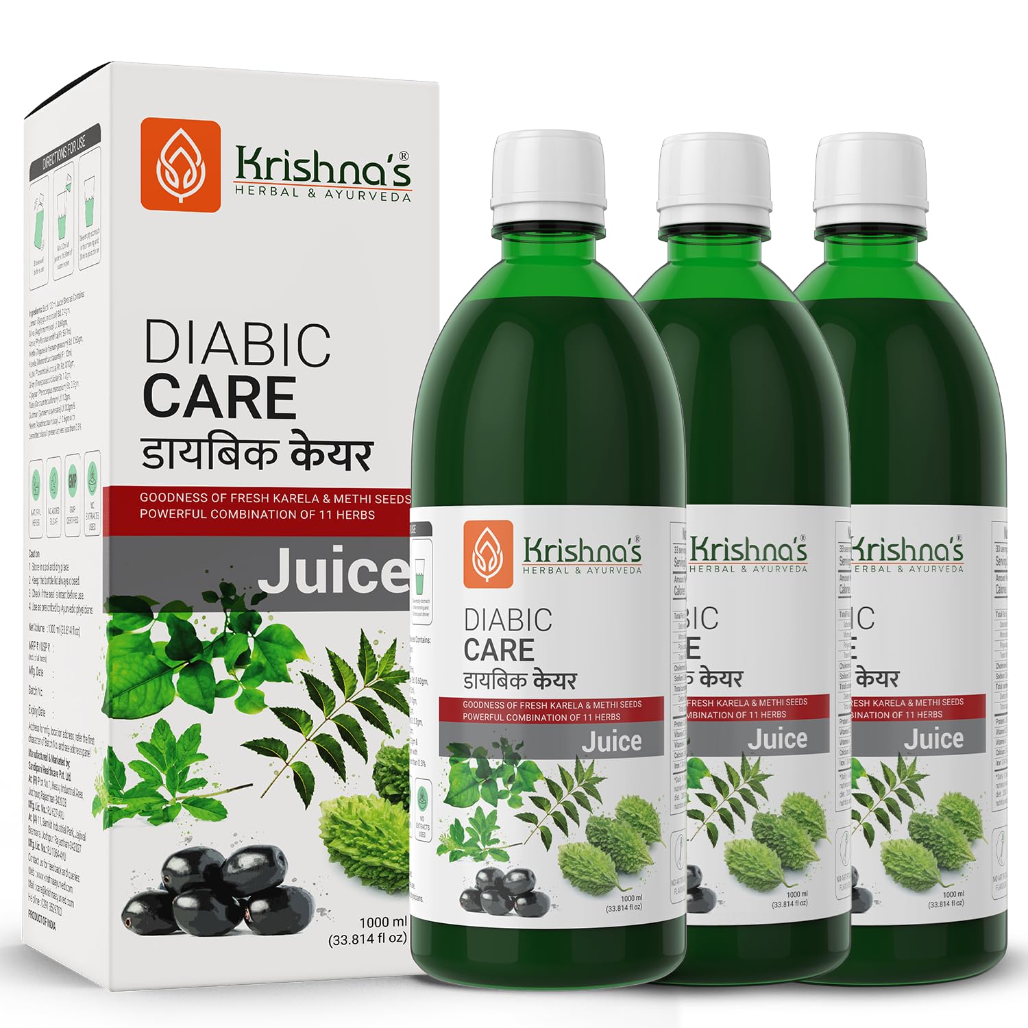 Krishna’s Diabic Care Juice Blend of 11 Herbs Methi, Amla, Karela, Jamun, Guduchi, Kutki & 5 Other Herbs For Manage Sugar Levels – 1000 ml Each (Pack of 3)