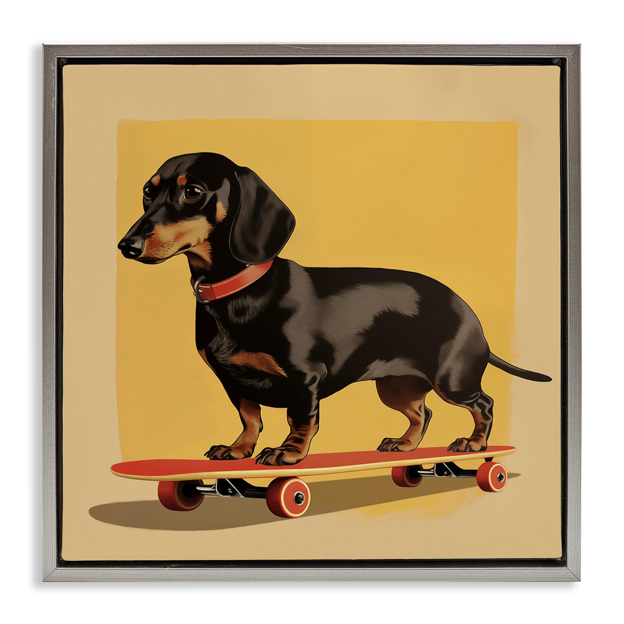 Stupell Industries 'Dachshund on Red Skateboard', Floating Frame Canvas Art, Gray, 18 x 18 Inches, Easy to Hang and Sturdy, Made in USA, by Andreas Magnusson