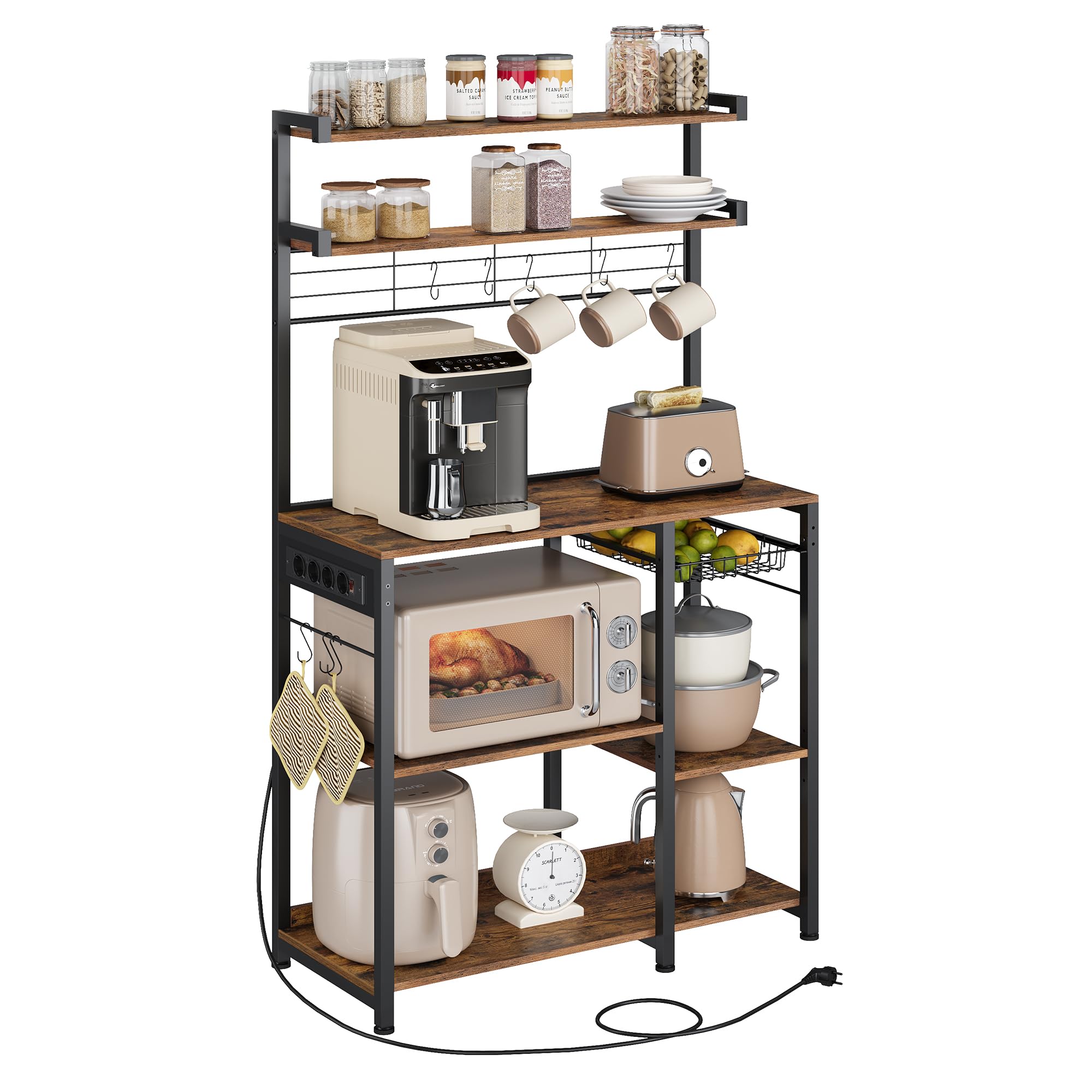 VASAGLE Scaffale Cucina con Prese di Corrente, Scaffale per Microonde, 8 Ganci a S, Mobile Cucina, Portaspezie, 40 x 90 x 165,5 cm, Marrone Vintage e Nero Inchiostro KKS031K11