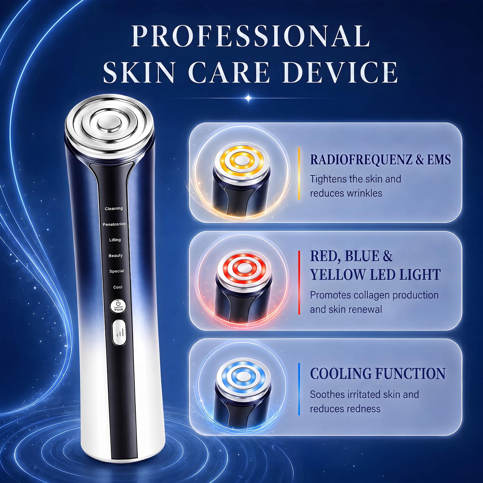 Dispositivo de cuidado facial de radiofrecuencia con función de refrigeración, 90 kHz EMS masajeador facial para el cuidado de la piel, masajeador eléctrico con diseño Gua Sha