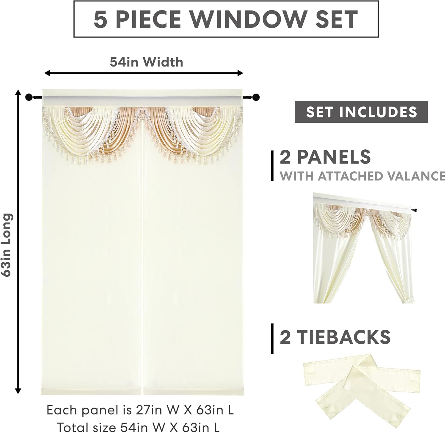 Regal Home Collections Amore Curtains 5-Piece Window Curtain Set - 54-Inch W x63-Inch L Panels with Attached Valance and 2 Tiebacks - Bedroom Curtains and Living Room Curtains (Beige)