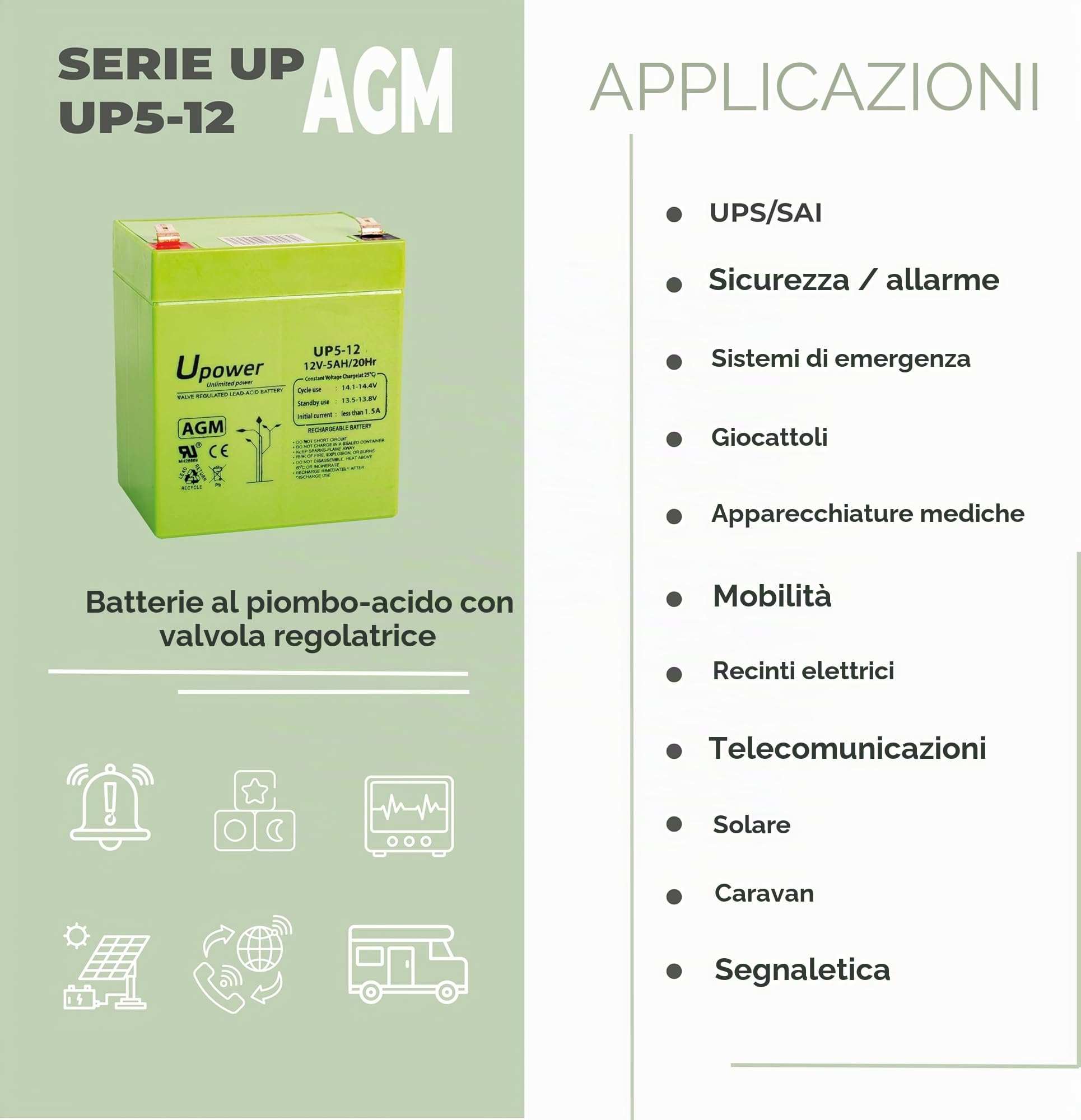 U-Power - Batería piombo AGM Sigillata 5Ah 12V - Faston F2 6.3mm