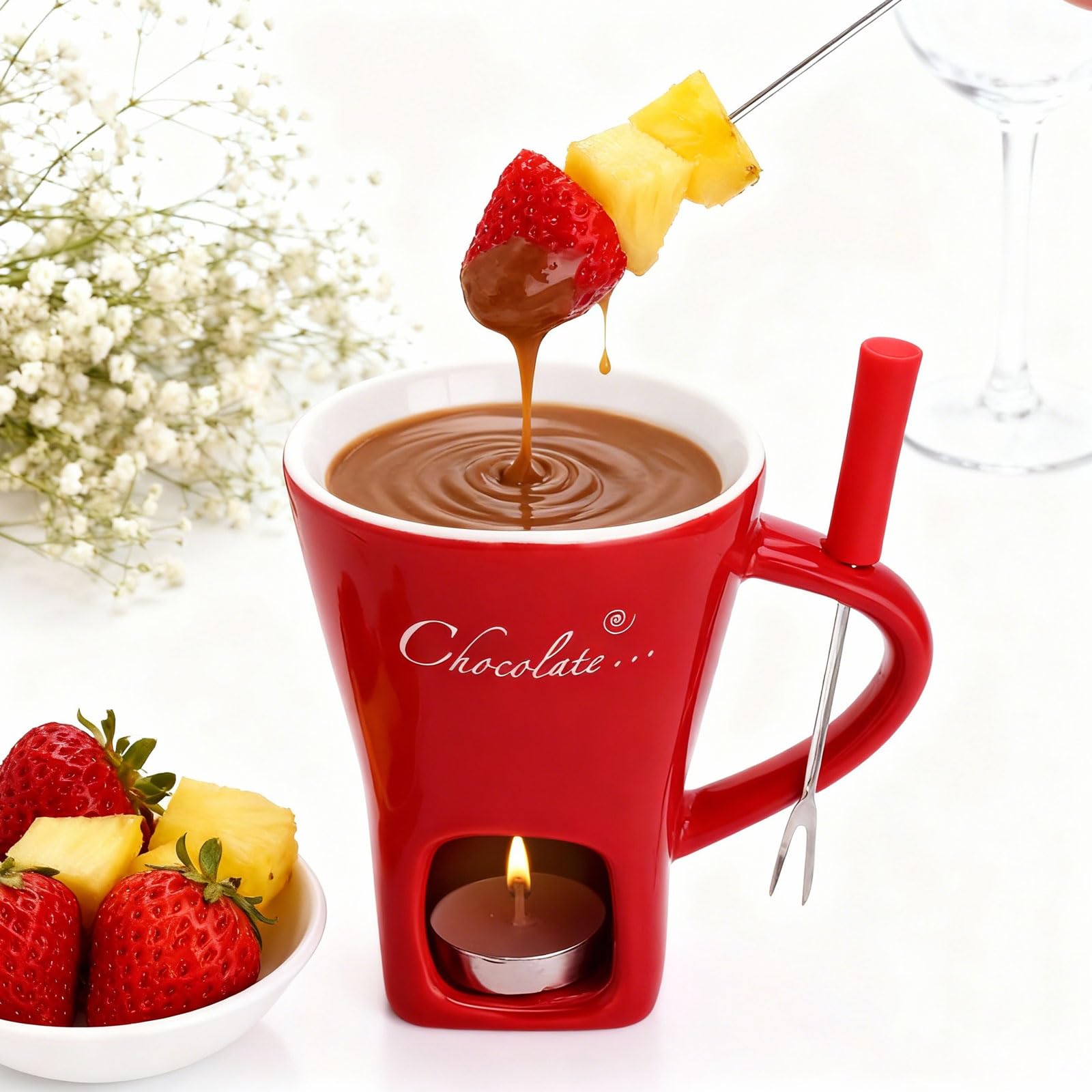 Taza de cerámica para fondue de chocolate, 130 ml, con portavelas y tenedores, fondue de chocolate, juego de fondue de chocolate, juego de fondue de chocolate, cazo para chocolate y queso, mantequilla