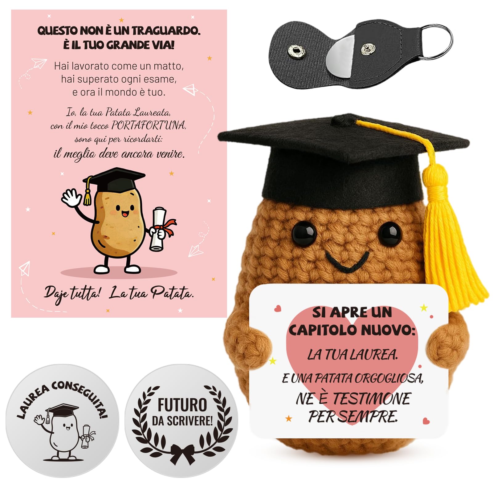 Regalo Laurea Patata Incoraggiante all'Uncinetto a Mano - Pocket Hug Patata Fortunata con Portafortuna Esami e Biglietto di Auguri, Regali Laurea Originali per Donna Uomo
