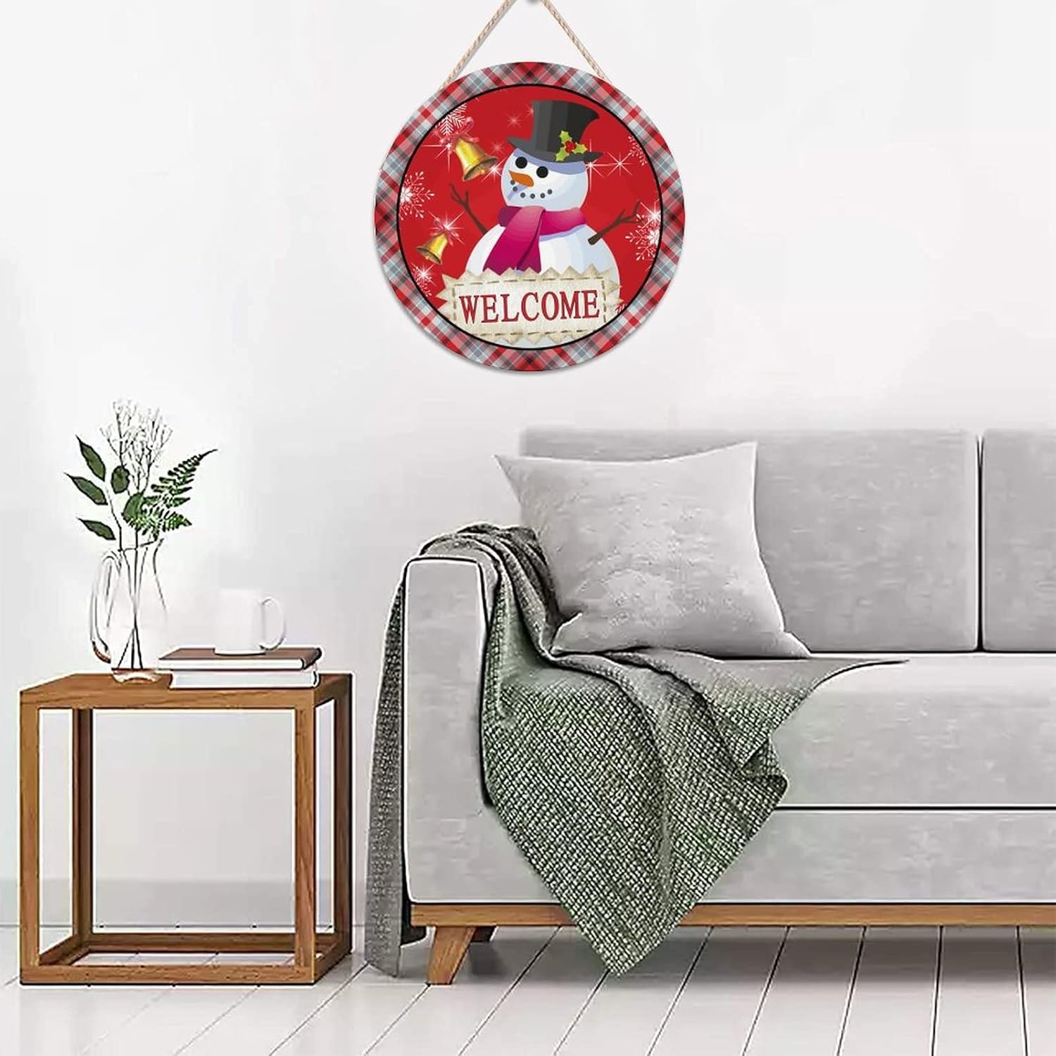 Snowman Welcome Wood Door Sign, Winter Front Door Round Welcome Wood Sign, 16x16in Snowflake Welcome Wall Door Hanging Sign for Backyard Front Porch Farmhouse Front Door Decor