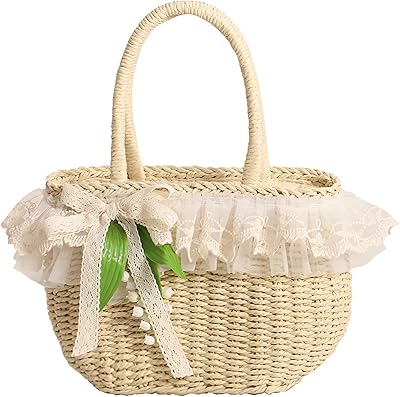 GK-O Mori Girls Handmade Straw Bag Handbag Basket Woven Bag Sweet Knit Lolita Lace Bag Summer Rattan bag (White)