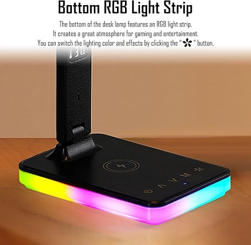 Miniatura 6 de Lámpara de escritorio LED con carga inalámbrica y por cable, luz de mesa plegable, 5 modos de brillo y 3 modos de iluminación, pantalla de tiempo y
