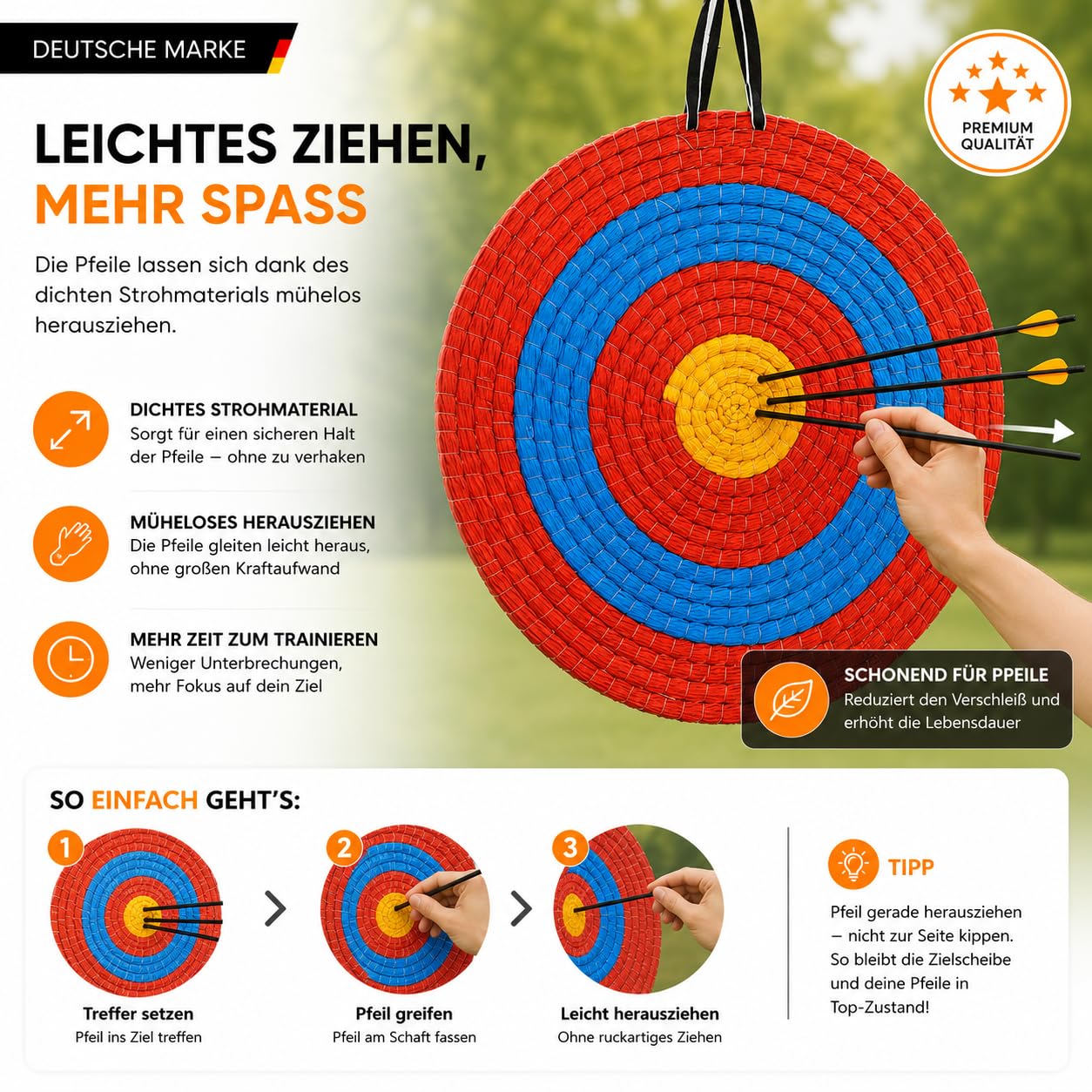 Flitzebogen Zielscheibe Bogenschießen, Strohzielscheibe 50x50x5cm | Stroh Ziel für Pfeil und Bogen & Armbrust, Bogenschießen Ziel für Training bis 30 lbs