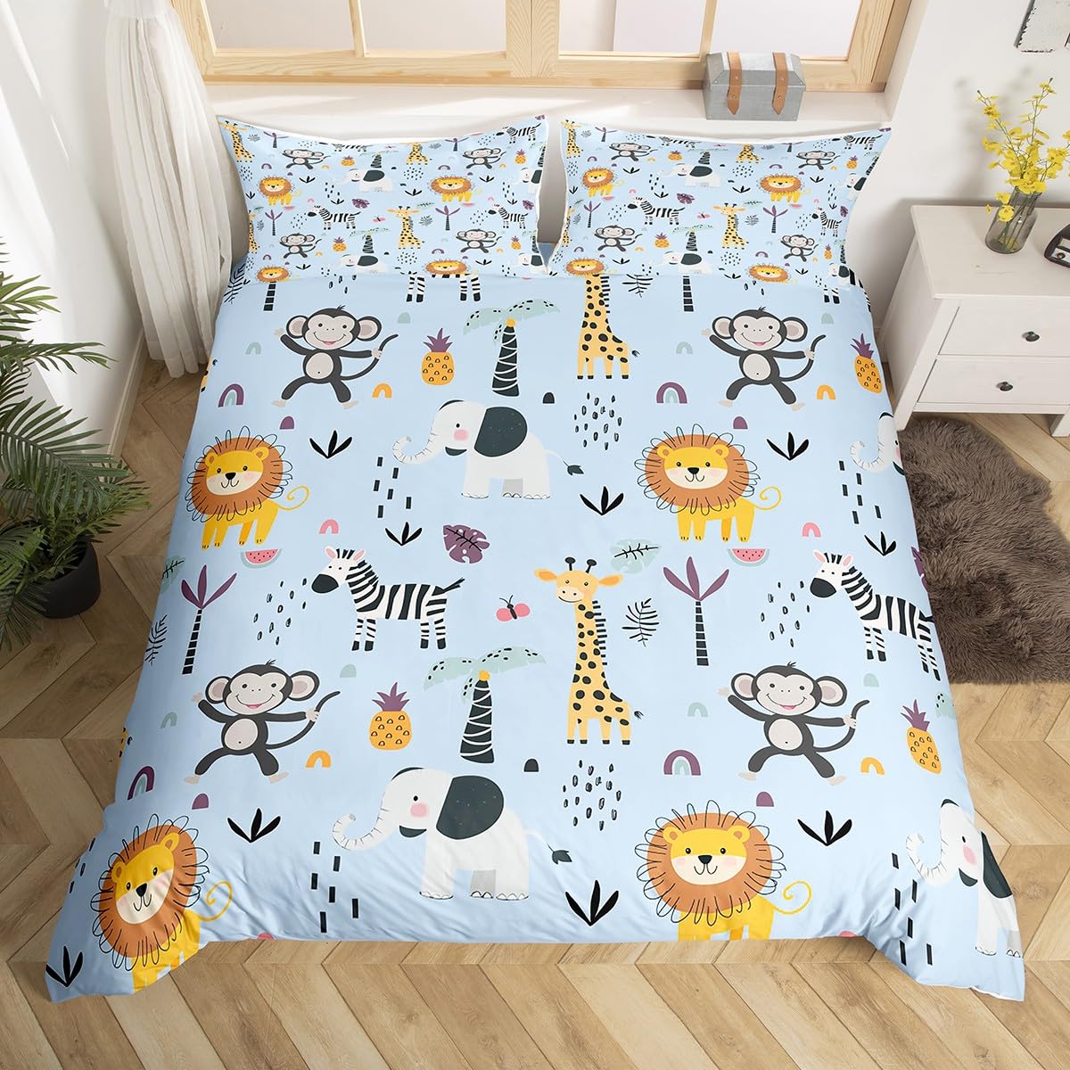 Homewish Bettbezug, 200 x 200 cm, Dschungeltiere, Kinder-Bettwäsche, niedliche Wildtiere, Bettbezug-Set, Cartoon-Affe, Löwe, Giraffe, Kawaii