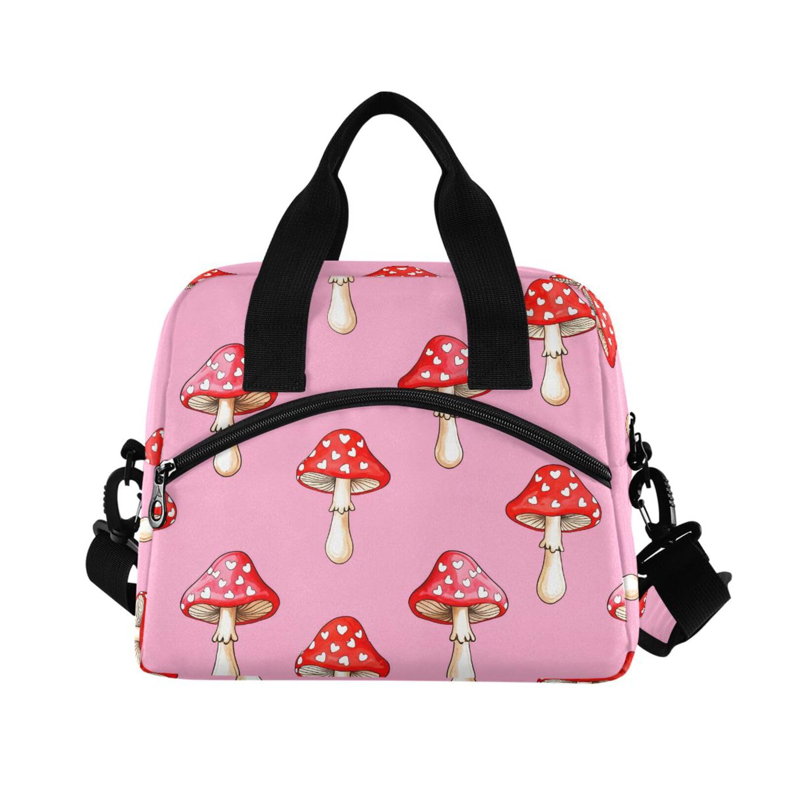 Insulated Lunch Bag Reusable Cooler Heart Mushroom Pink Lunch Box Adjustable Shoulder Strap for Office Picnic School