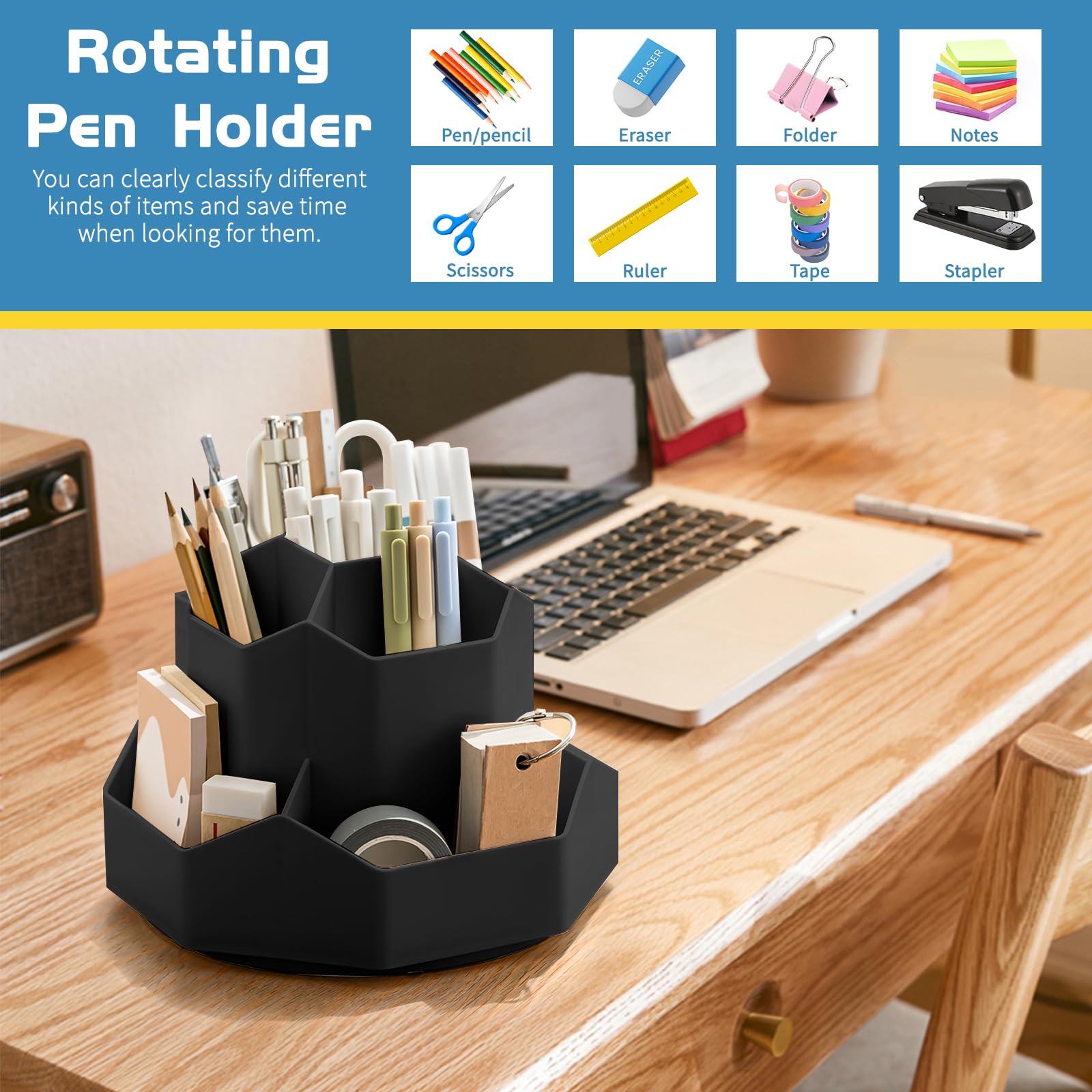 Ceysin Desk Organiser, 360 Degree Rotating Pen Pencil Holder with 9 Compartments - Image 2