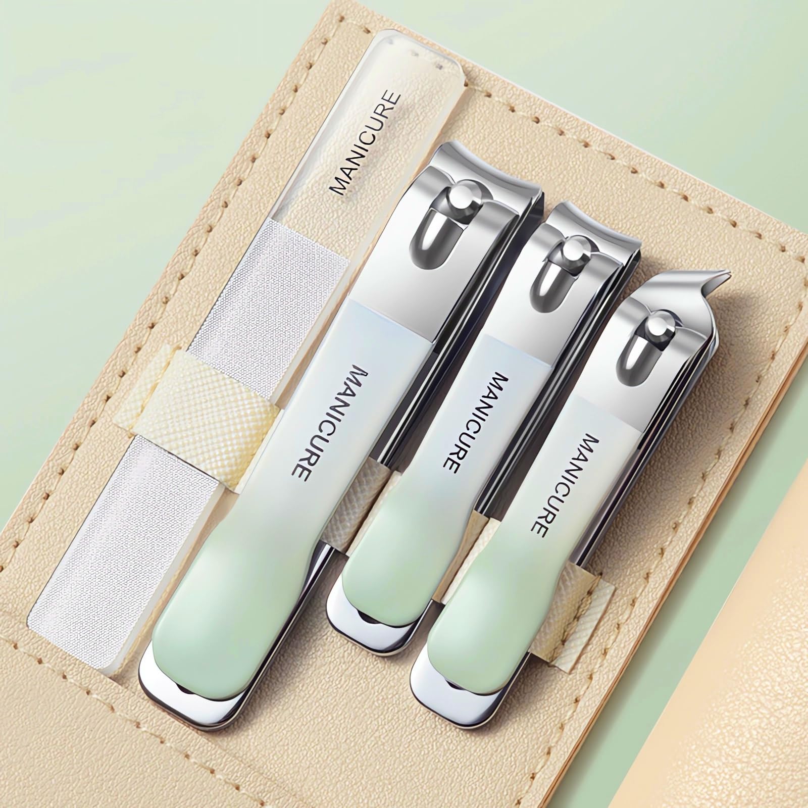 4 Stainless Steel Nail Clippers with Leather Case Manicure & Pedicure Tools, Beauty Tool Portable Set Professional Grooming Kits, Travel Nail Kit Perfect Gifts for Women and Men (GREEN)