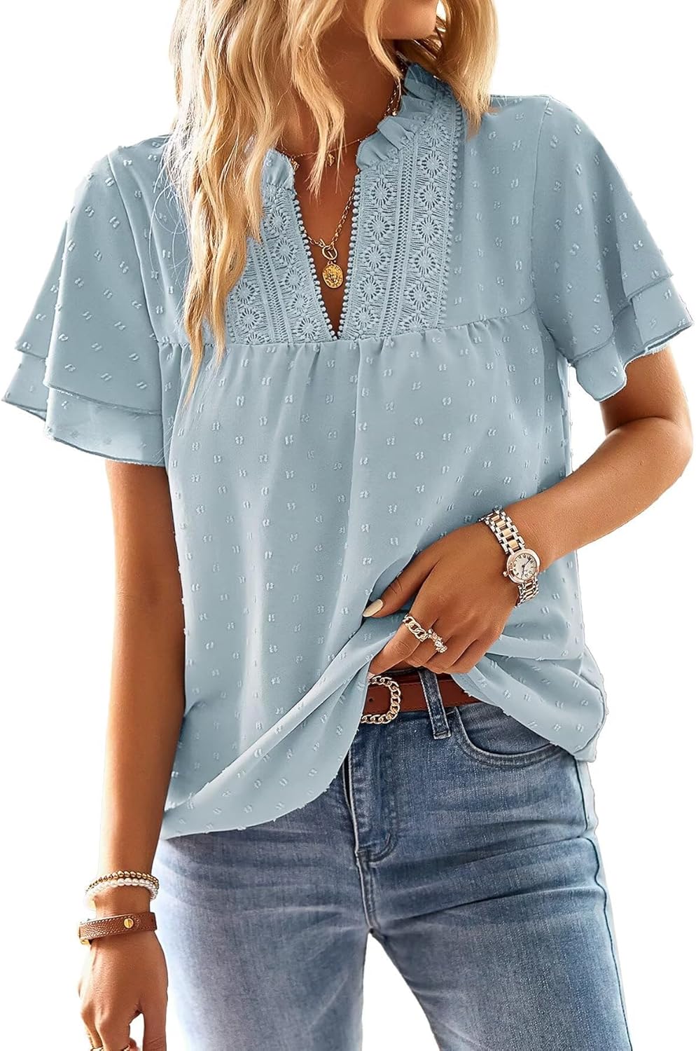 Womens Tops Butterfly Sleeve V Neck Blouses for Women Dressy Casual Flowy Swiss Dot Ruffle Short Sleeve Shirts
