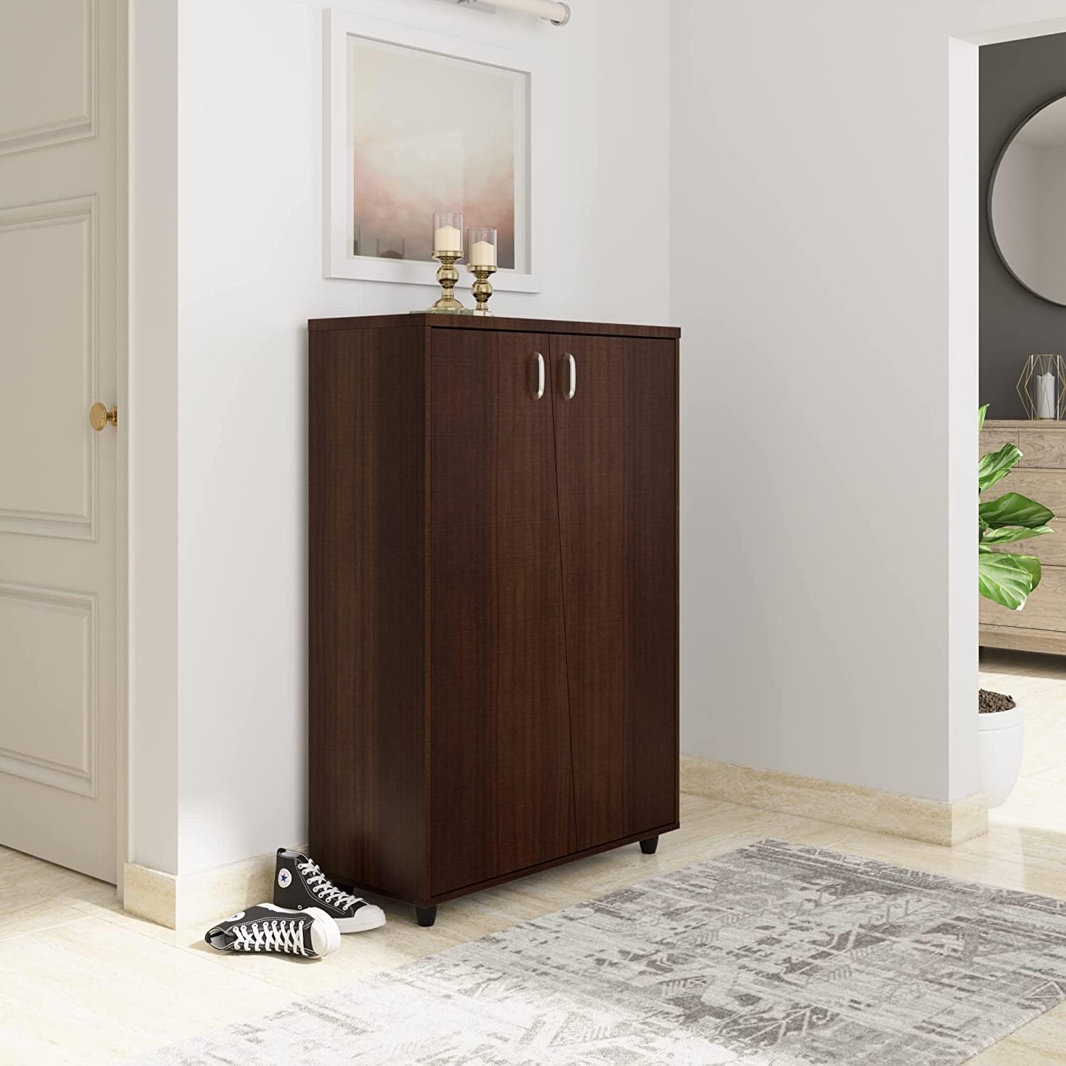 Furnilife Wooden Shoe Rack with 2 Door and 6 Shelves- Dark Brown